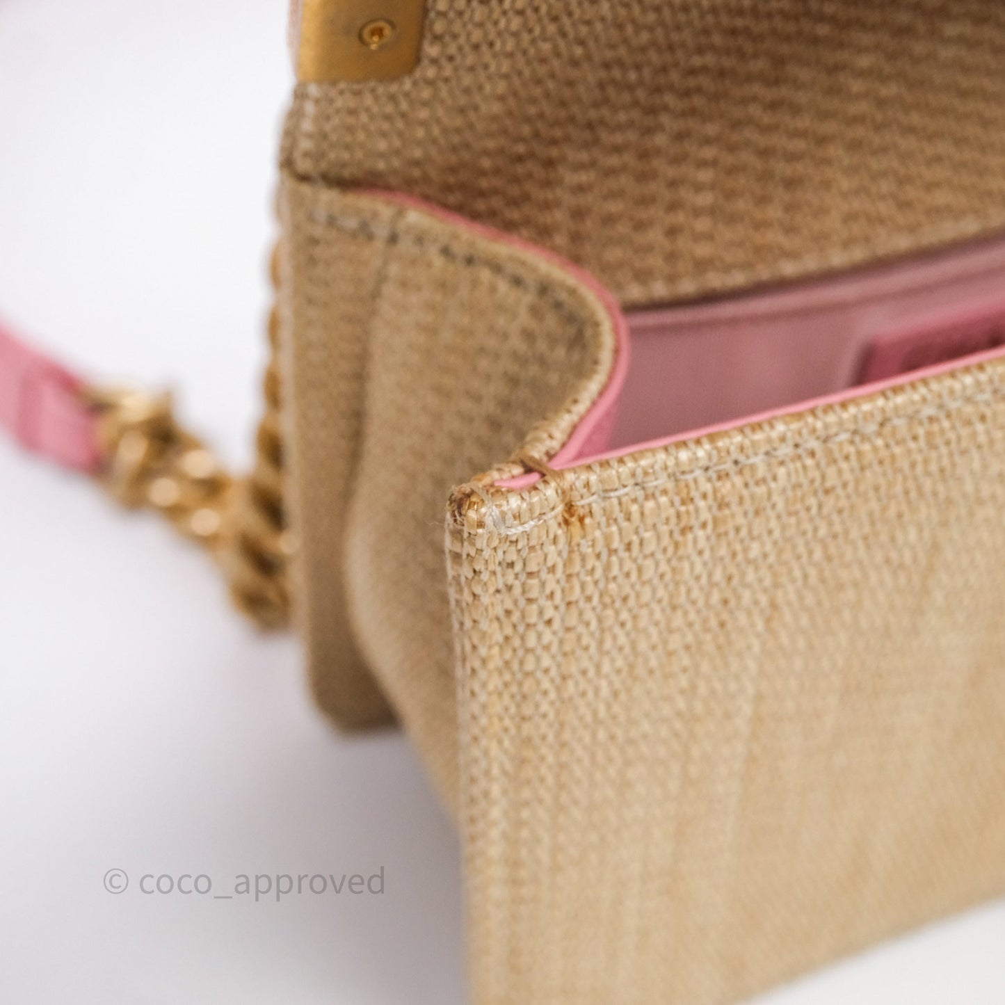 Chanel Small Boy Chevron Raffia Metallic Pink Aged Gold Hardware