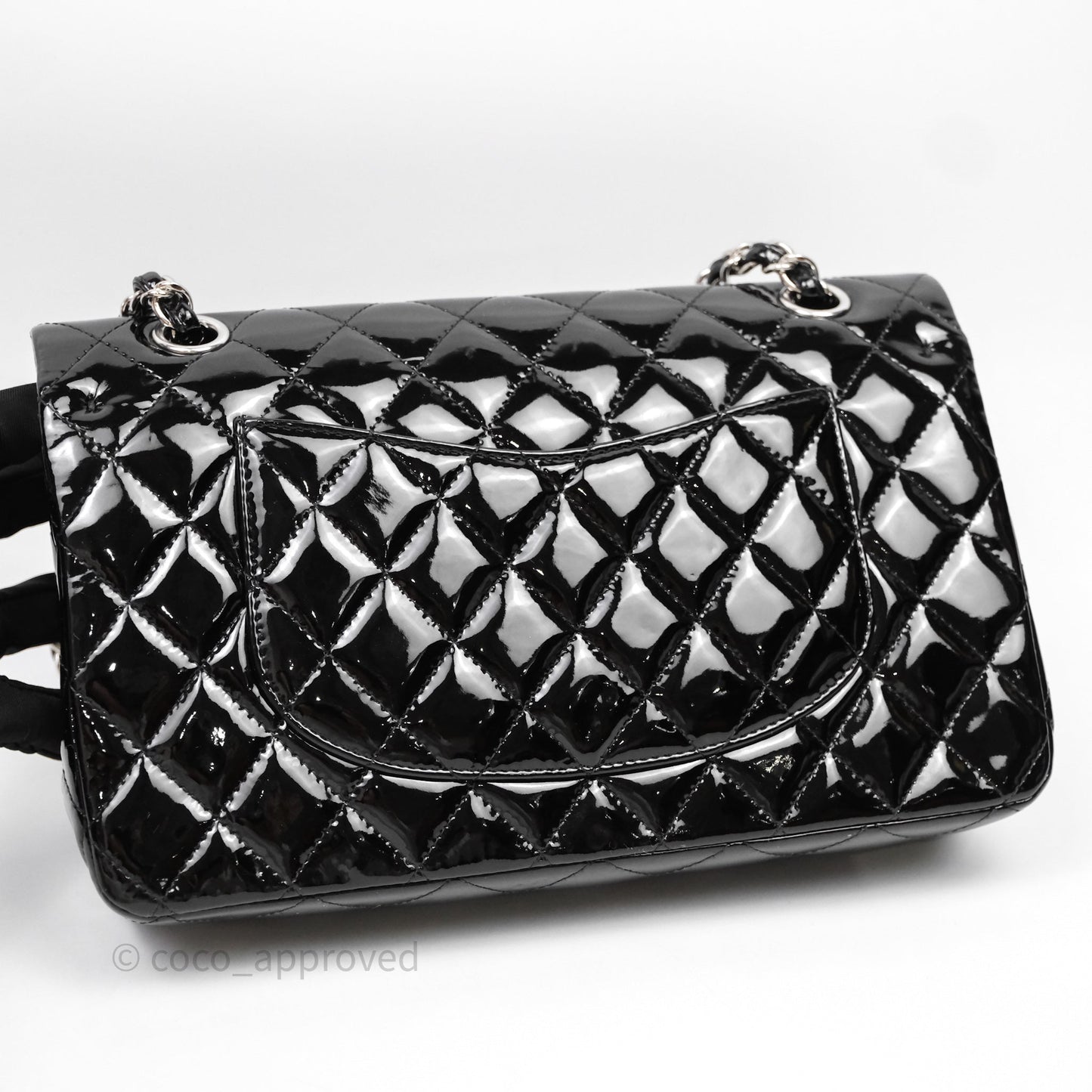 Chanel Medium Classic Flap Quilted Black Patent Silver Hardware
