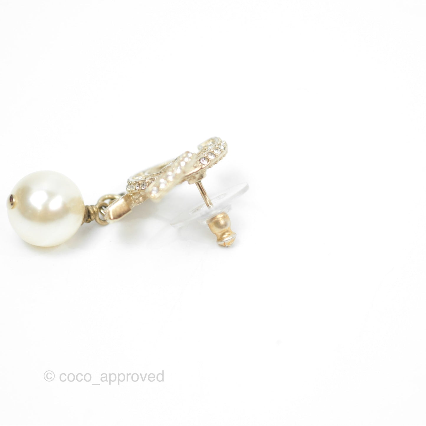 Chanel Crystal CC Pearl Drop Earrings Gold Tone 20V