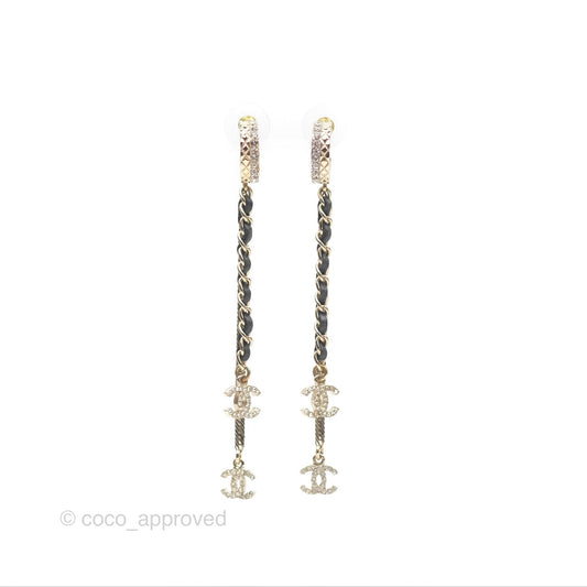 Chanel Crystal CC Braided Leather Chain Long Drop Earrings Gold Tone 22S
