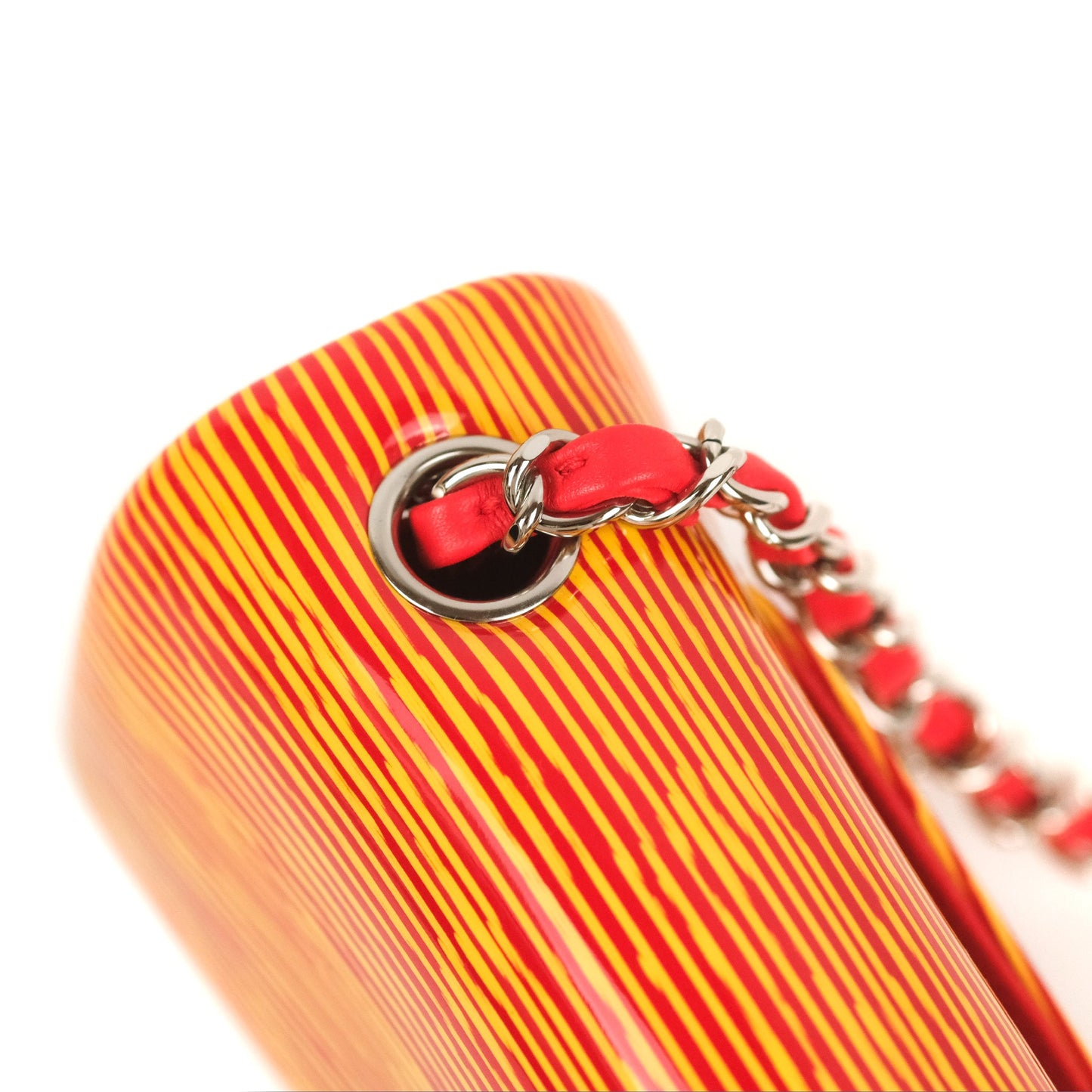 Chanel Mini Rectangular Flap Bag Orange Red Striped Patent Silver Hardware