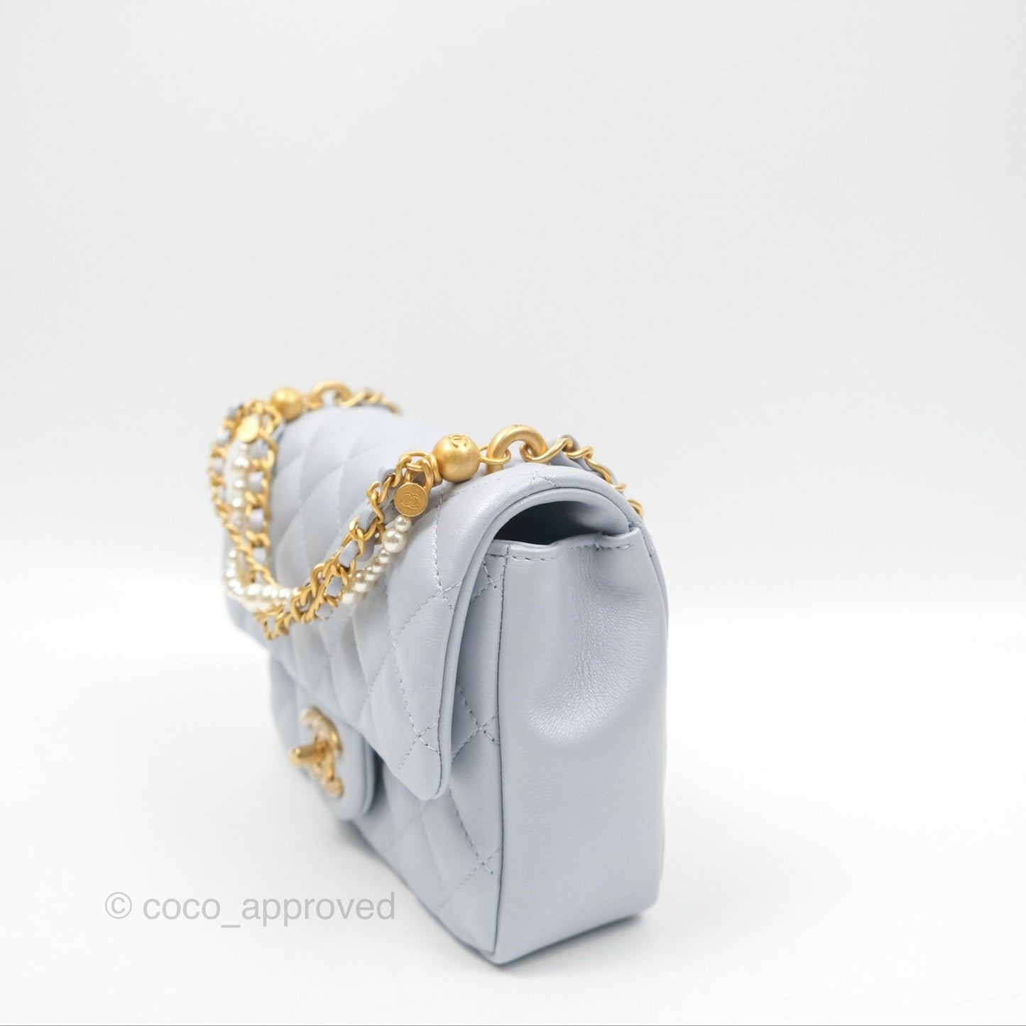Chanel Mini Flap Bag with Pearl Chain Pearly Light Blue Lambskin Aged Gold Hardware 24P