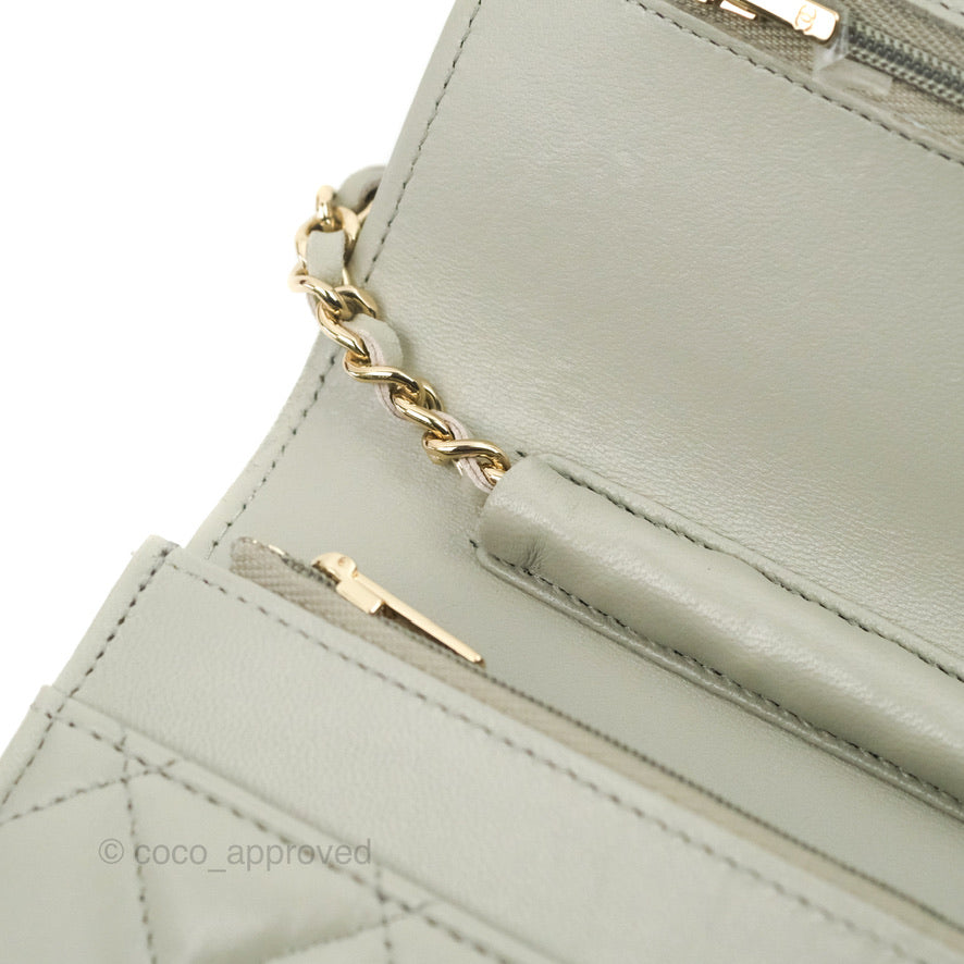 Chanel Quilted Classic Wallet on Chain WOC Light Grey Lambskin Gold Hardware