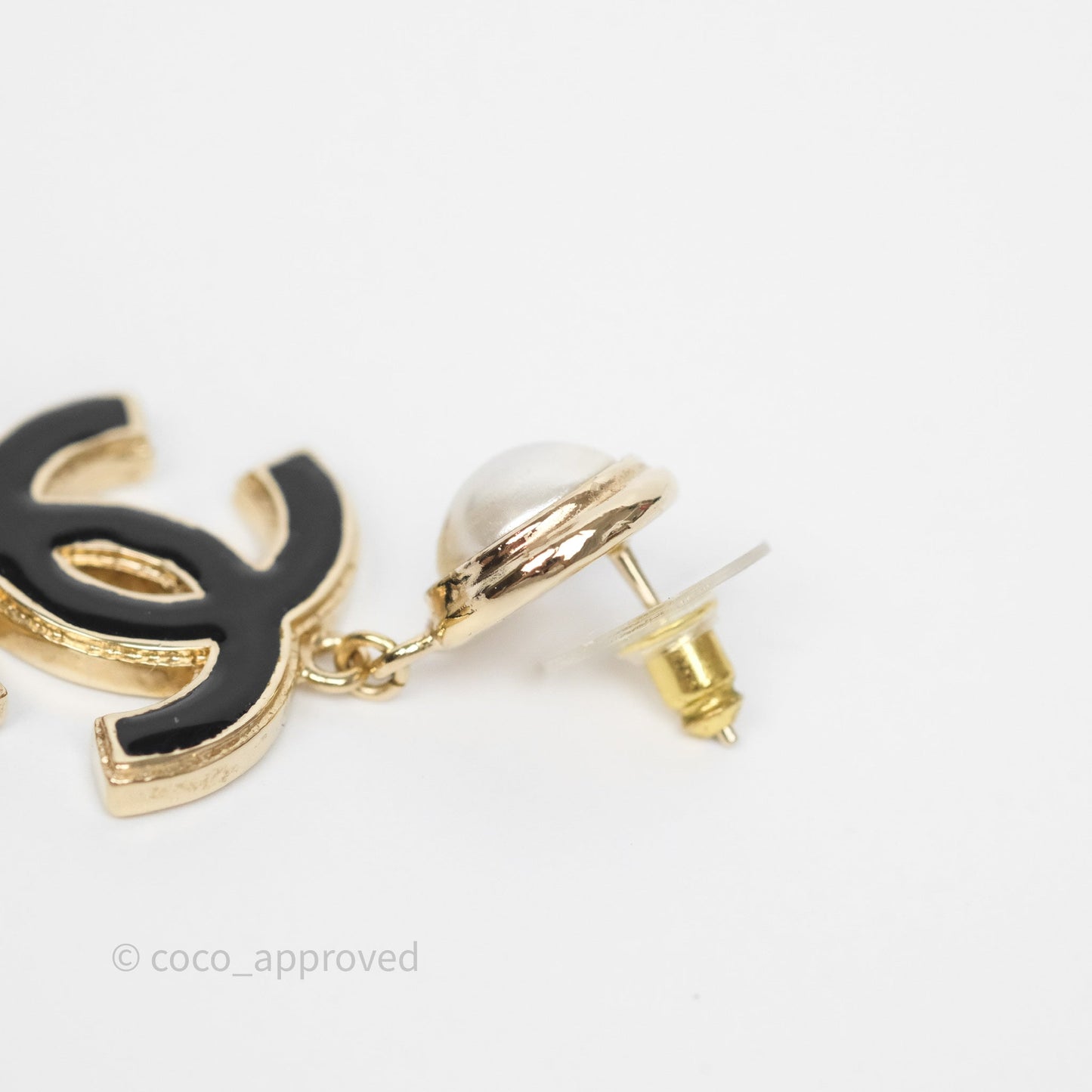 Chanel Round Pearl CC Black Resin Drop Earrings Gold Tone 22A