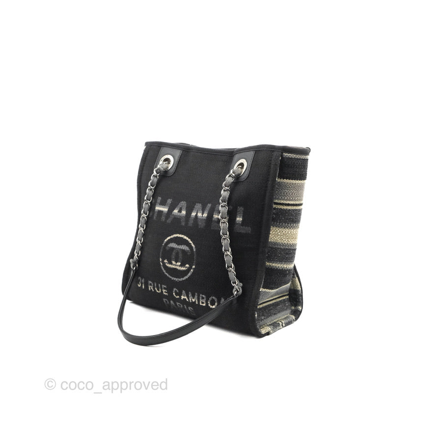 Chanel Mini Deauville Tote Black Stripe Canvas Silver Hardware