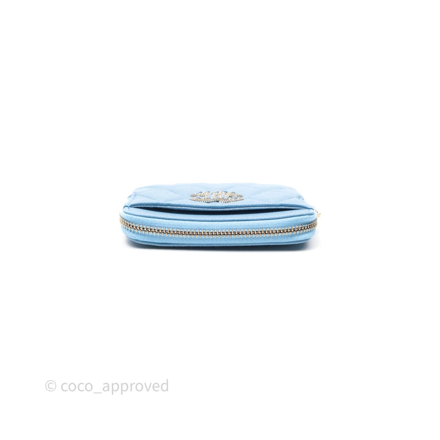 Chanel Quilted Crystal CC Zip Card Holder Wallet Light Blue Caviar Gold Hardware