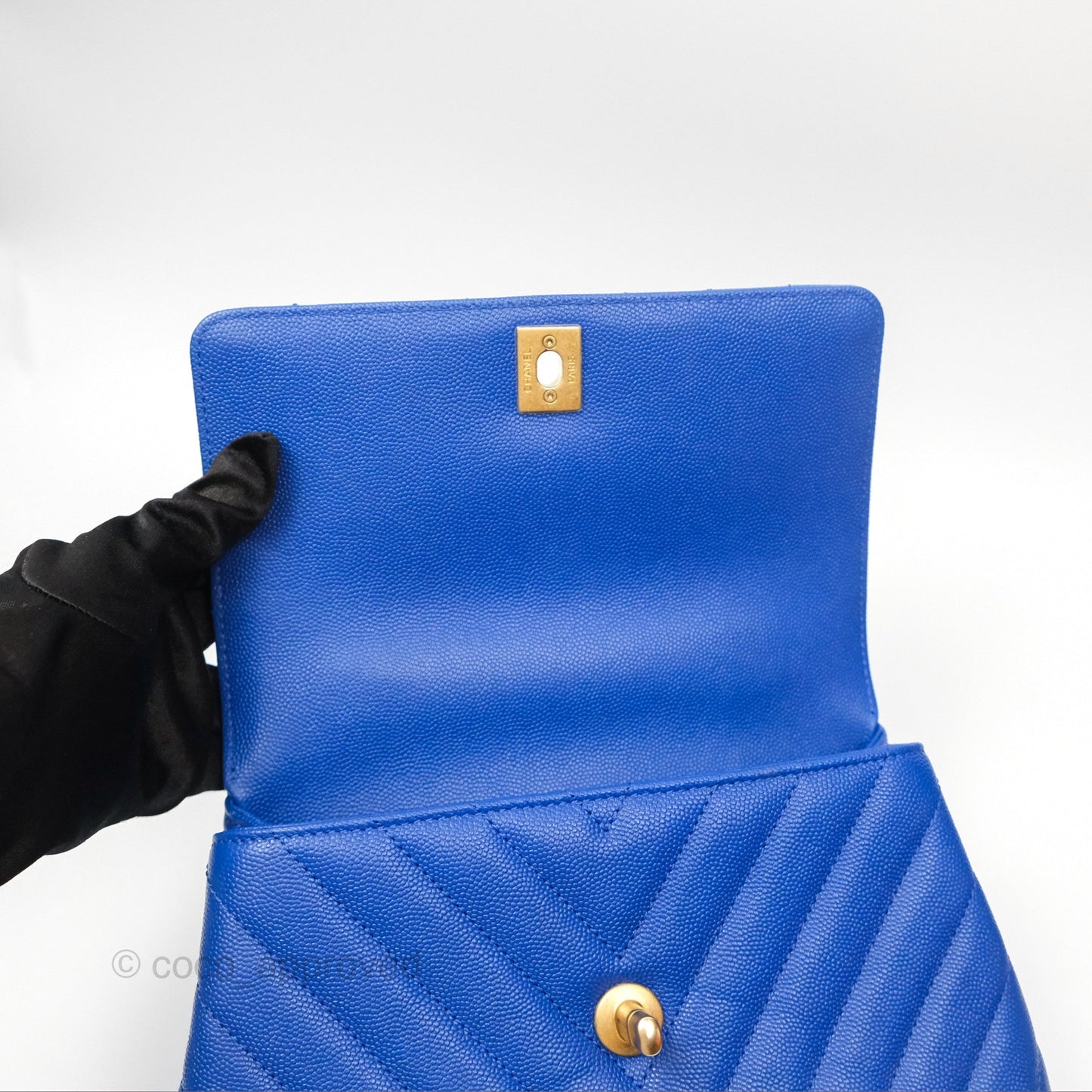 Chanel Small Coco Handle Chevron Blue Caviar Aged Gold Hardware