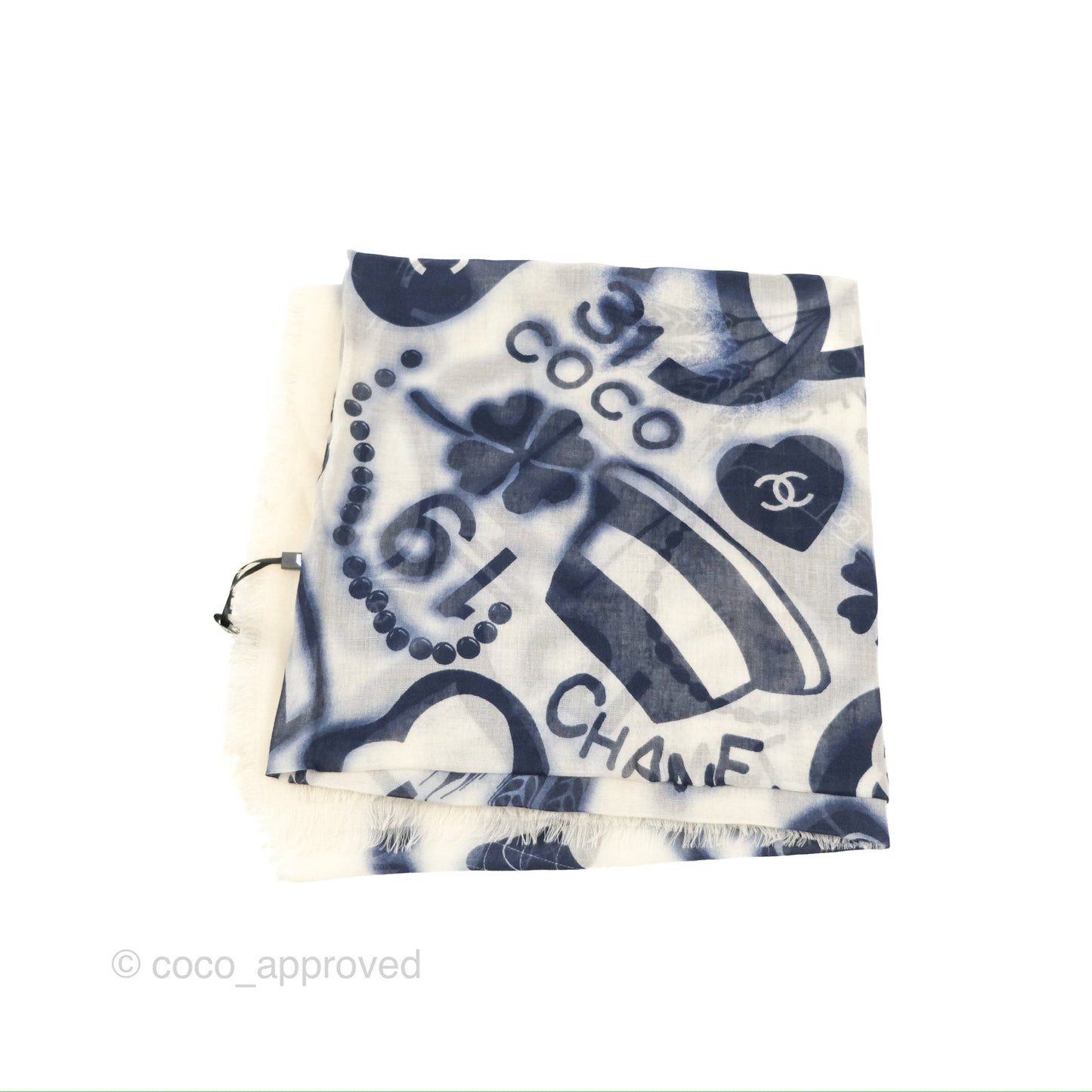 Chanel Square Cashmere Silk Scarf 140 Navy/White