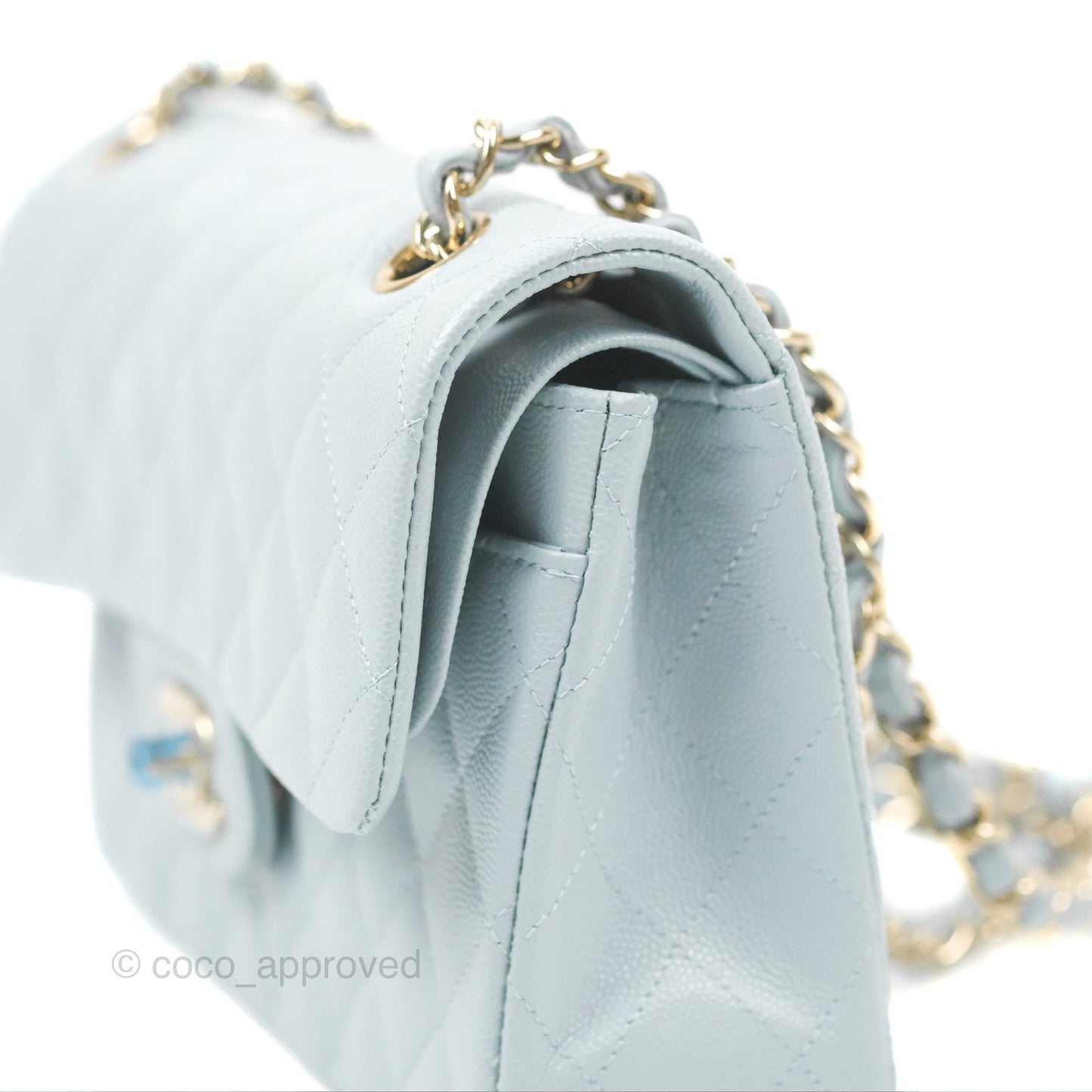 Chanel Small Classic Quilted Flap Light Blue Caviar Gold Hardware 22P