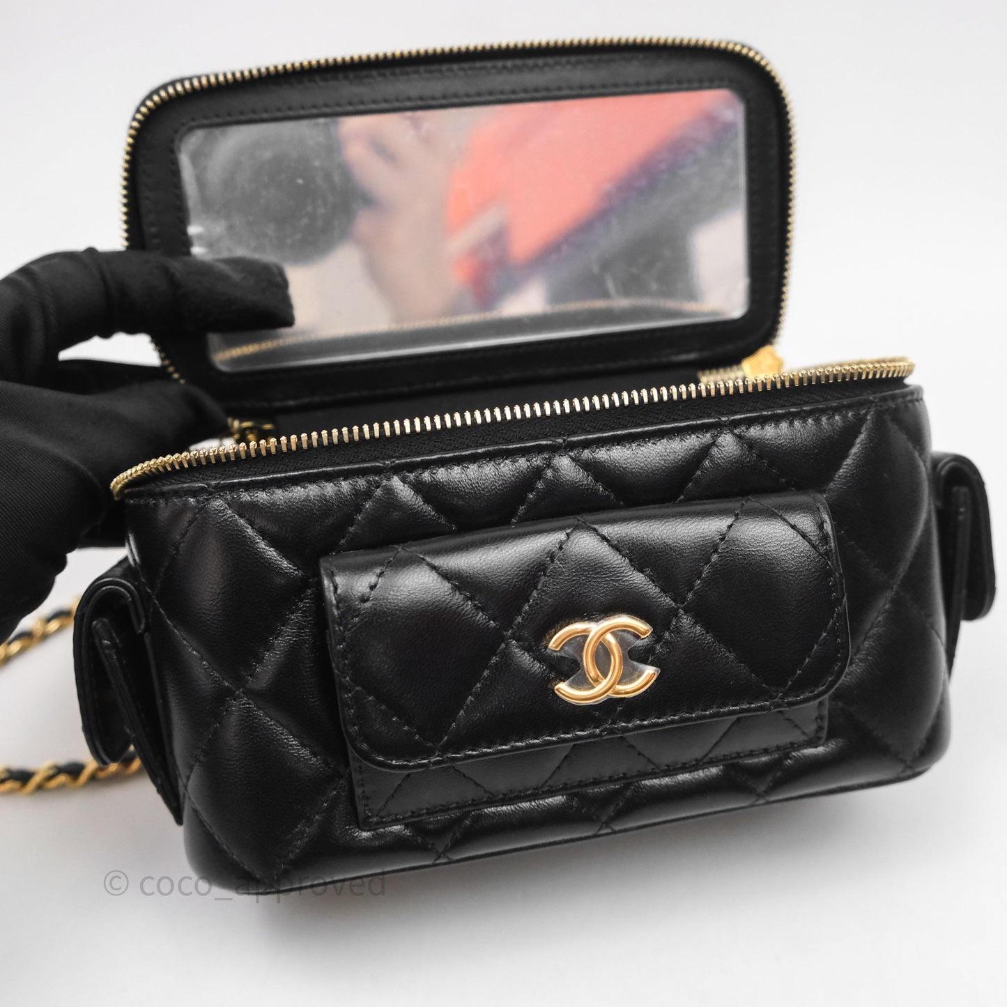 Chanel Quilted Top Handle Pocket Vanity Case Black Shiny Lambskin Bag Gold Hardware
