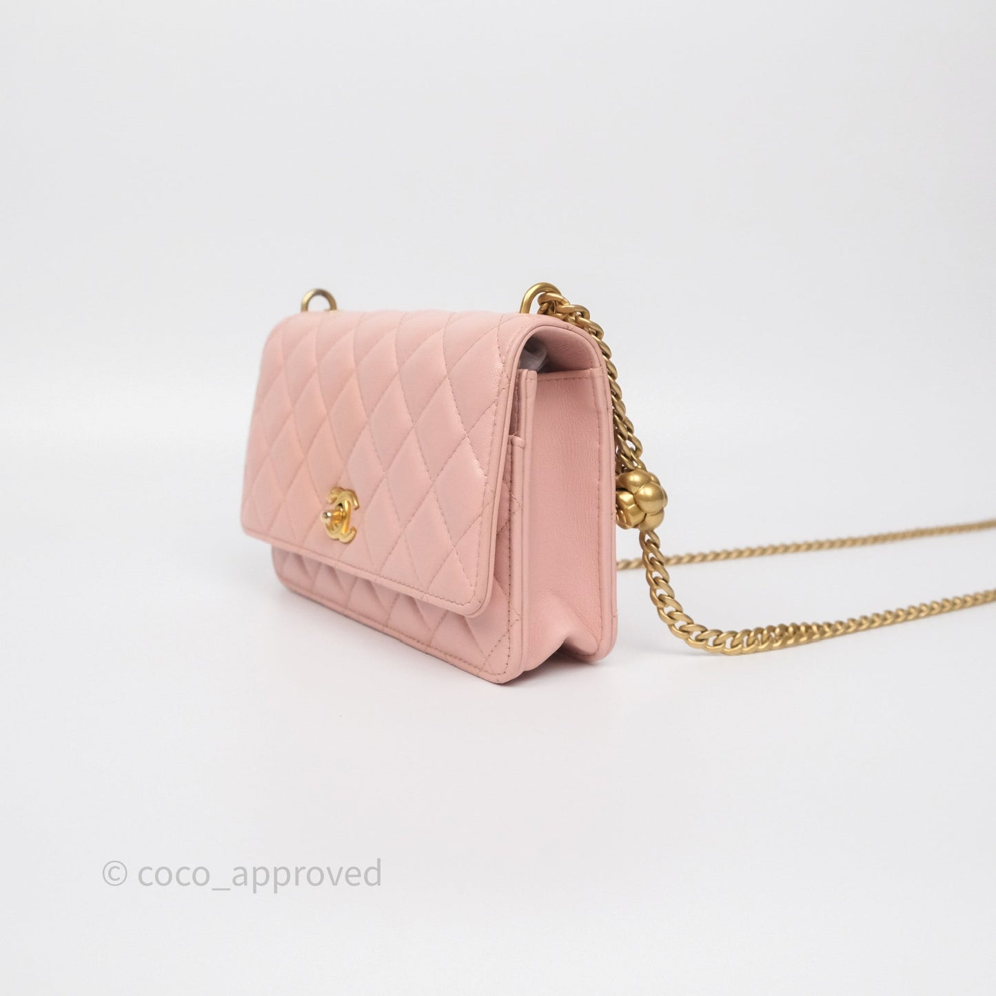 Chanel Camellia Crush Wallet on Chain WOC Pink Lambskin Aged Gold Hardware
