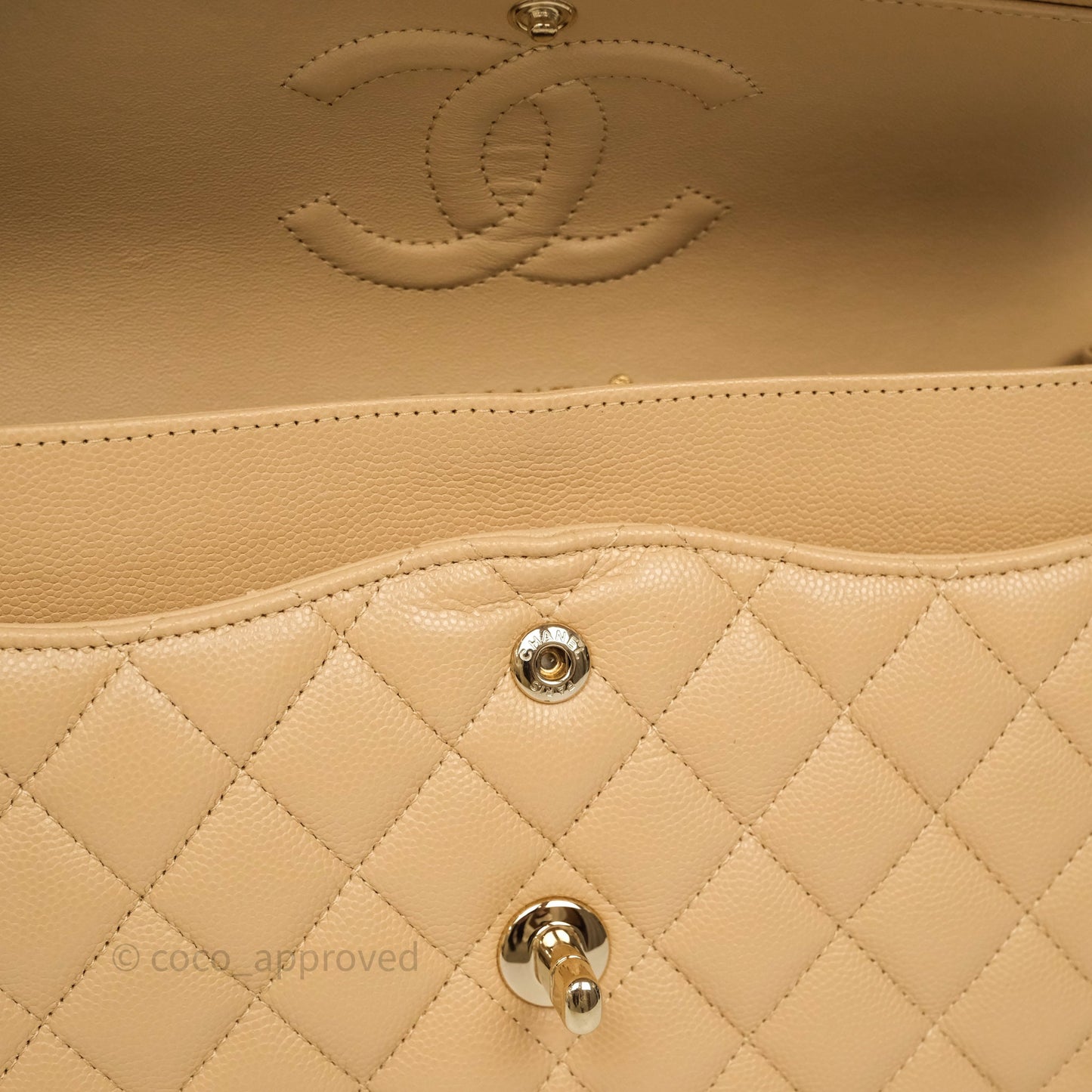 Chanel Classic M/L Medium Flap Quilted Beige Caviar Gold Hardware