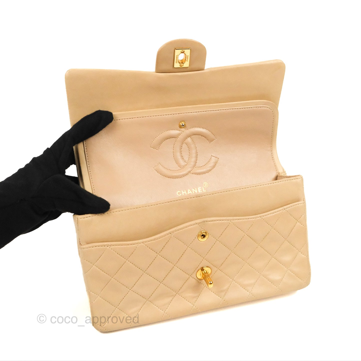 Chanel Vintage Medium Classic Flap Beige Lambskin 24K Gold Hardware