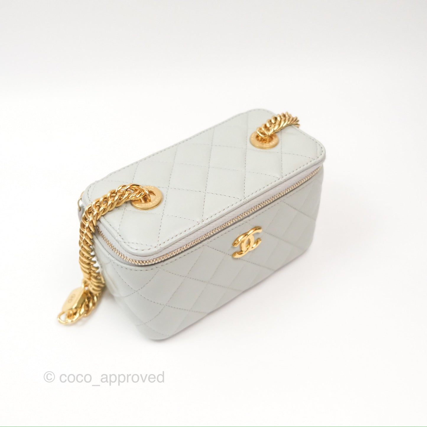 Chanel Quilted Vanity Rectangular with Chain Grey Blue Lambskin Gold Hardware