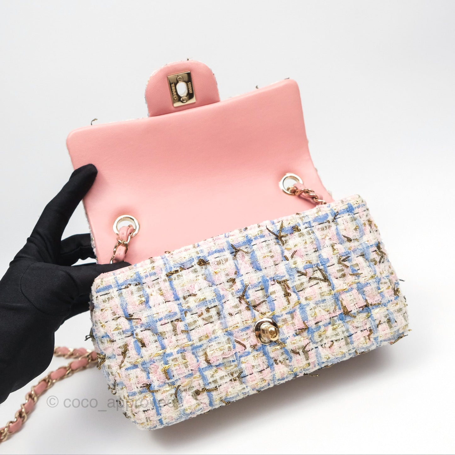 Chanel Mini Rectangular Flap Pink/ Blue/ Gold Tweed Gold Hardware