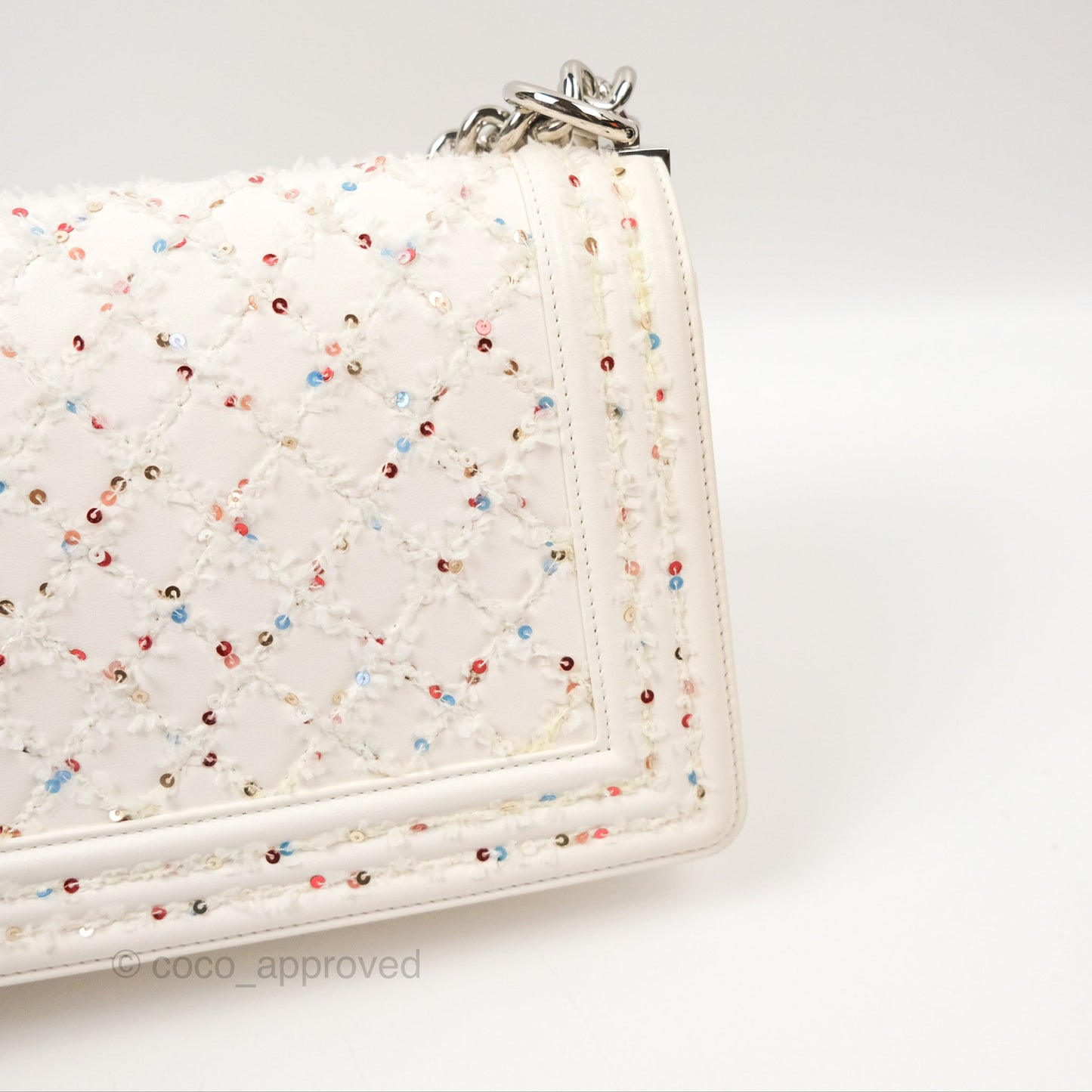 Chanel Medium Boy Sequins Quilted White Lambskin Silver Hardware
