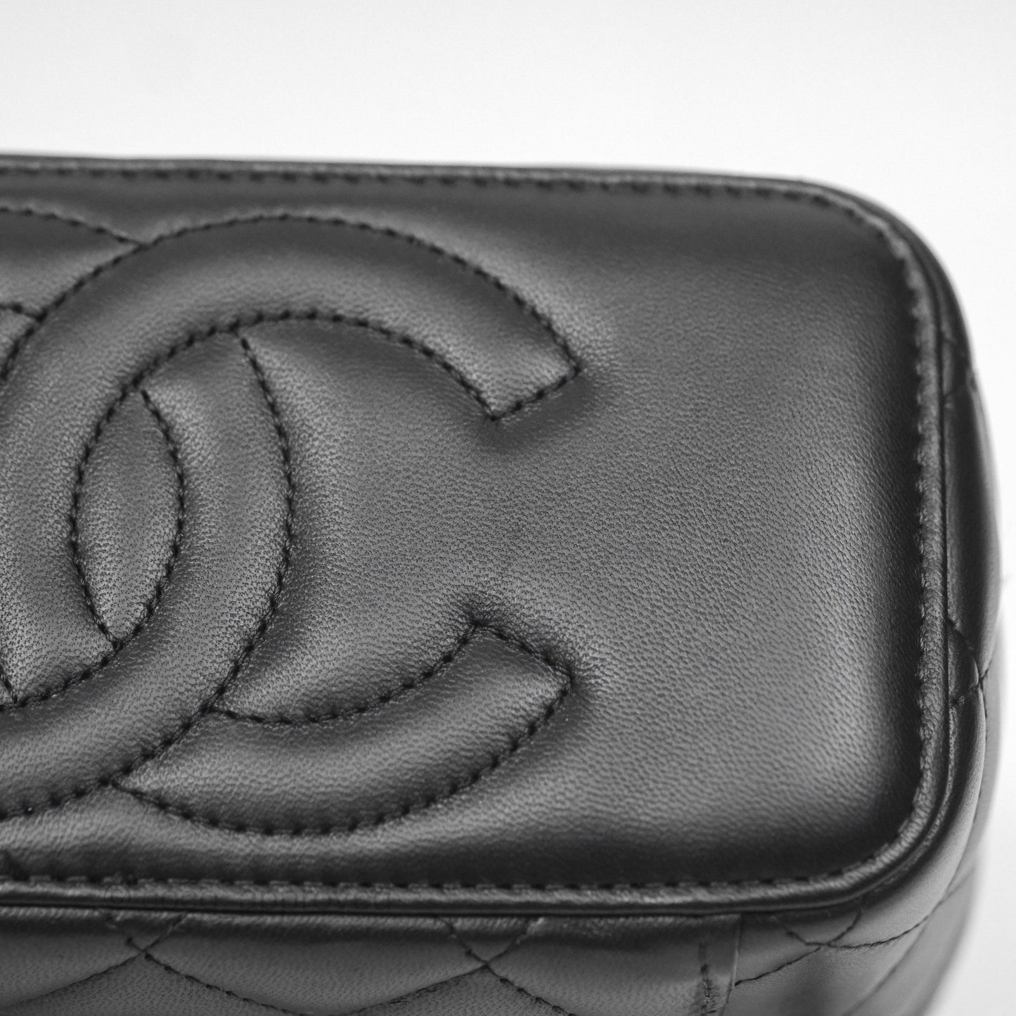 Chanel Quilted Vanity Rectangular with Camellia Adjustable Chain Black Lambskin 23S