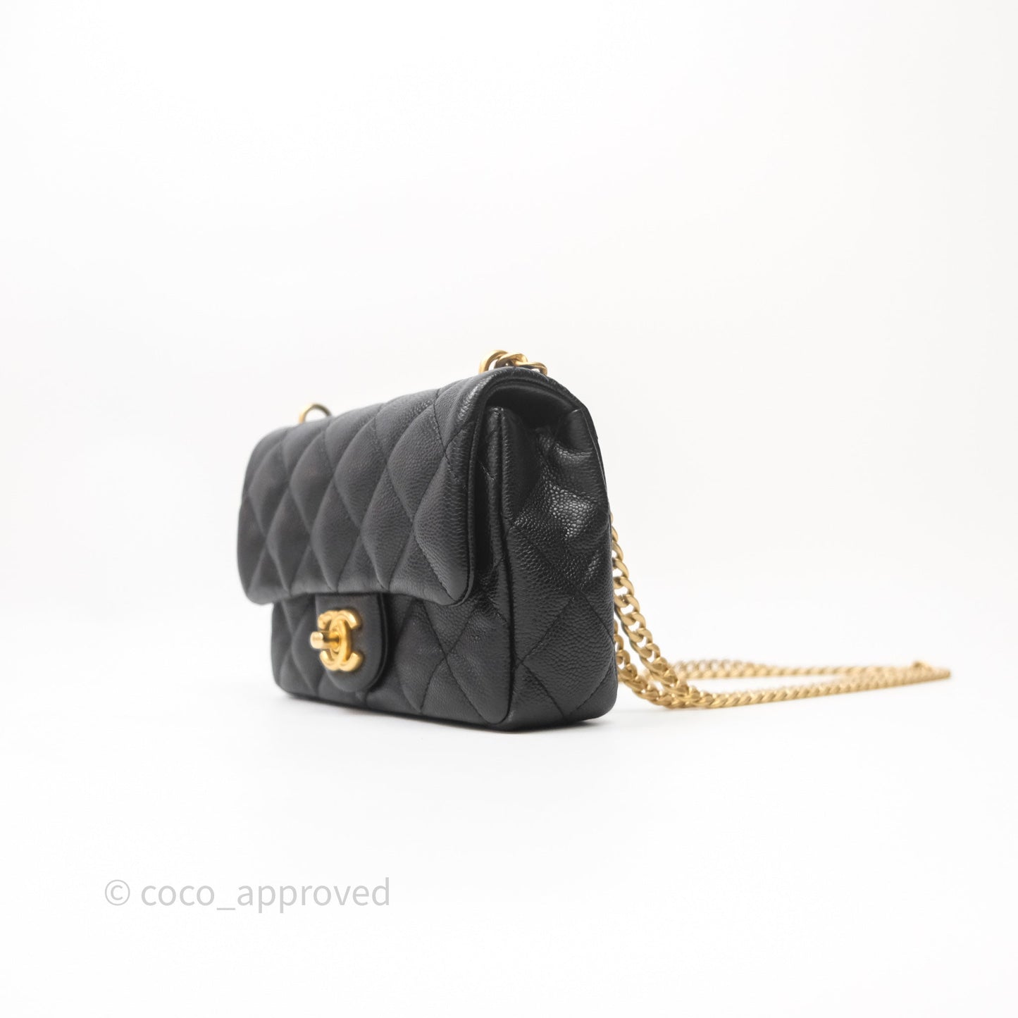 Chanel Mini Flap Bag Heart Adjustable Chain Black Caviar Aged Gold Hardware