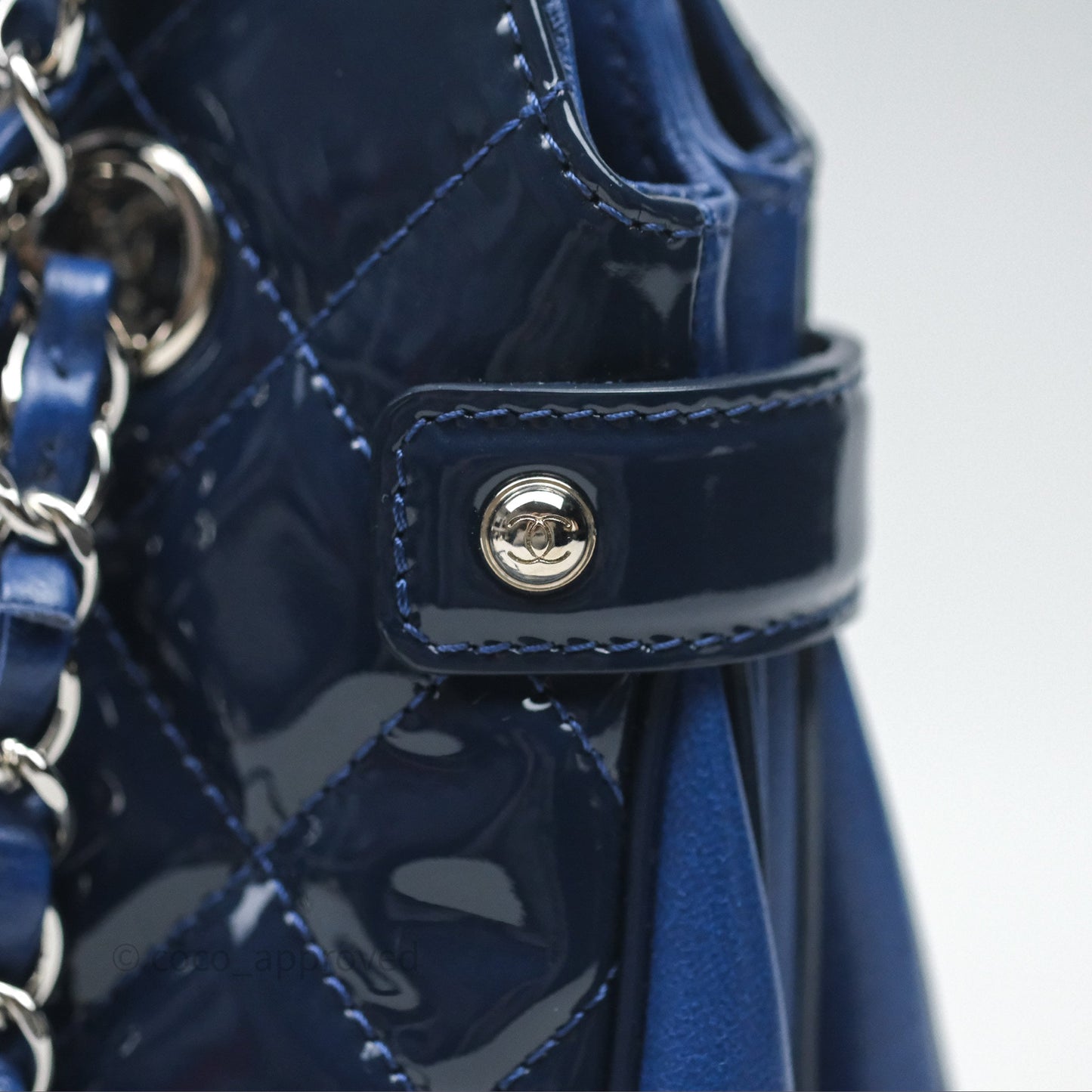 Chanel Quilted Bowling Tote Royal Blue Patent Silver Hardware