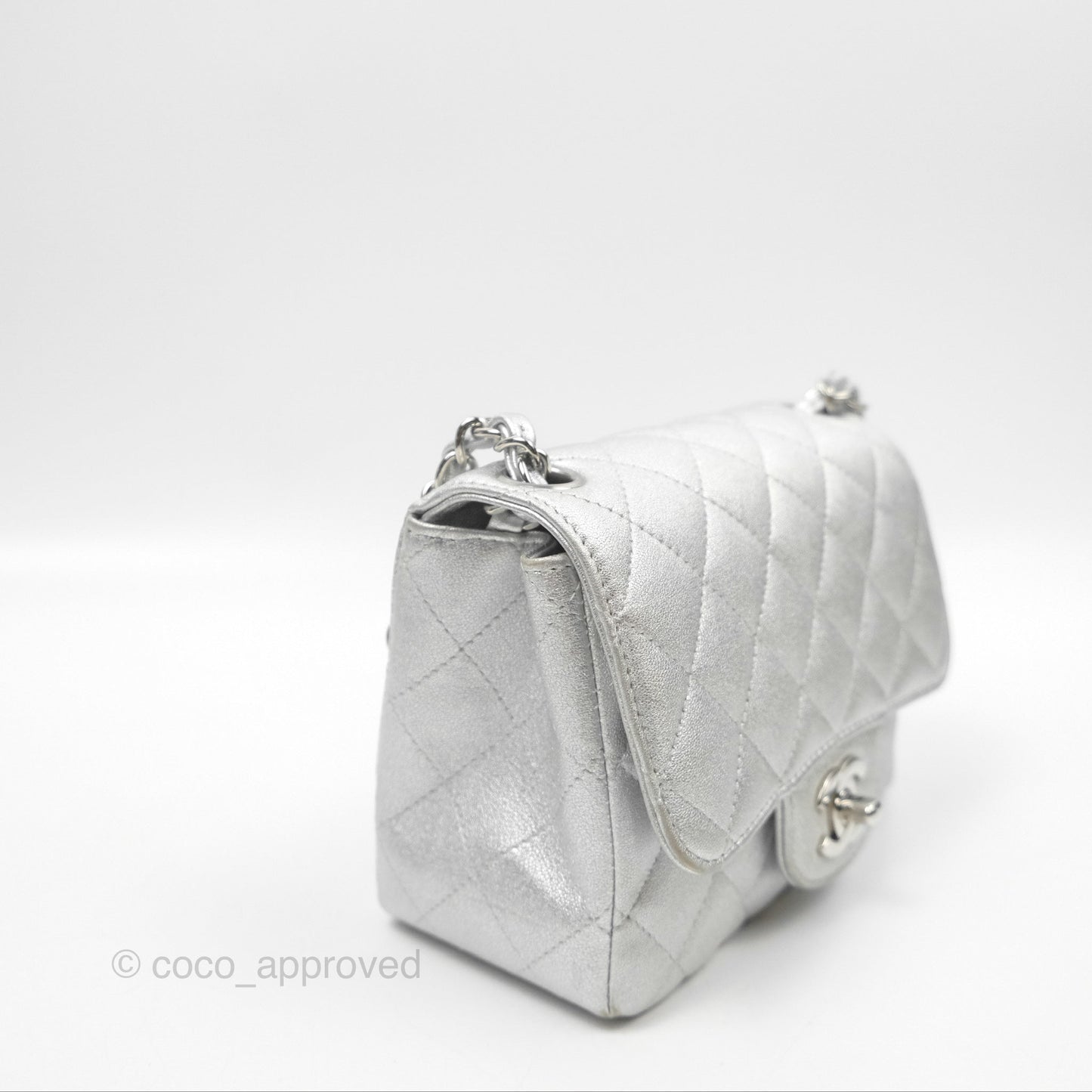 Chanel Classic Quilted Mini Square Flap Silver Lambskin Silver Hardware