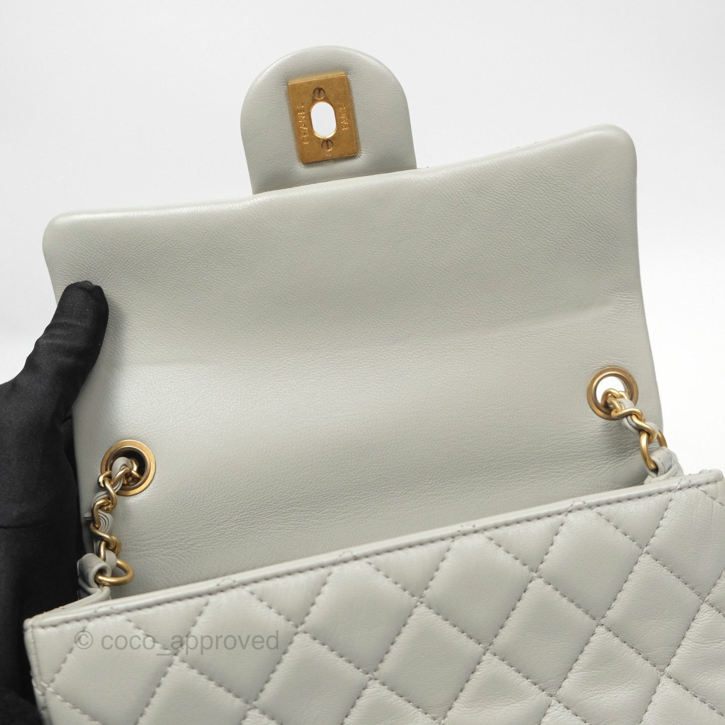Chanel Mini Rectangular Pearl Crush Grey Lambskin Aged Gold Hardware