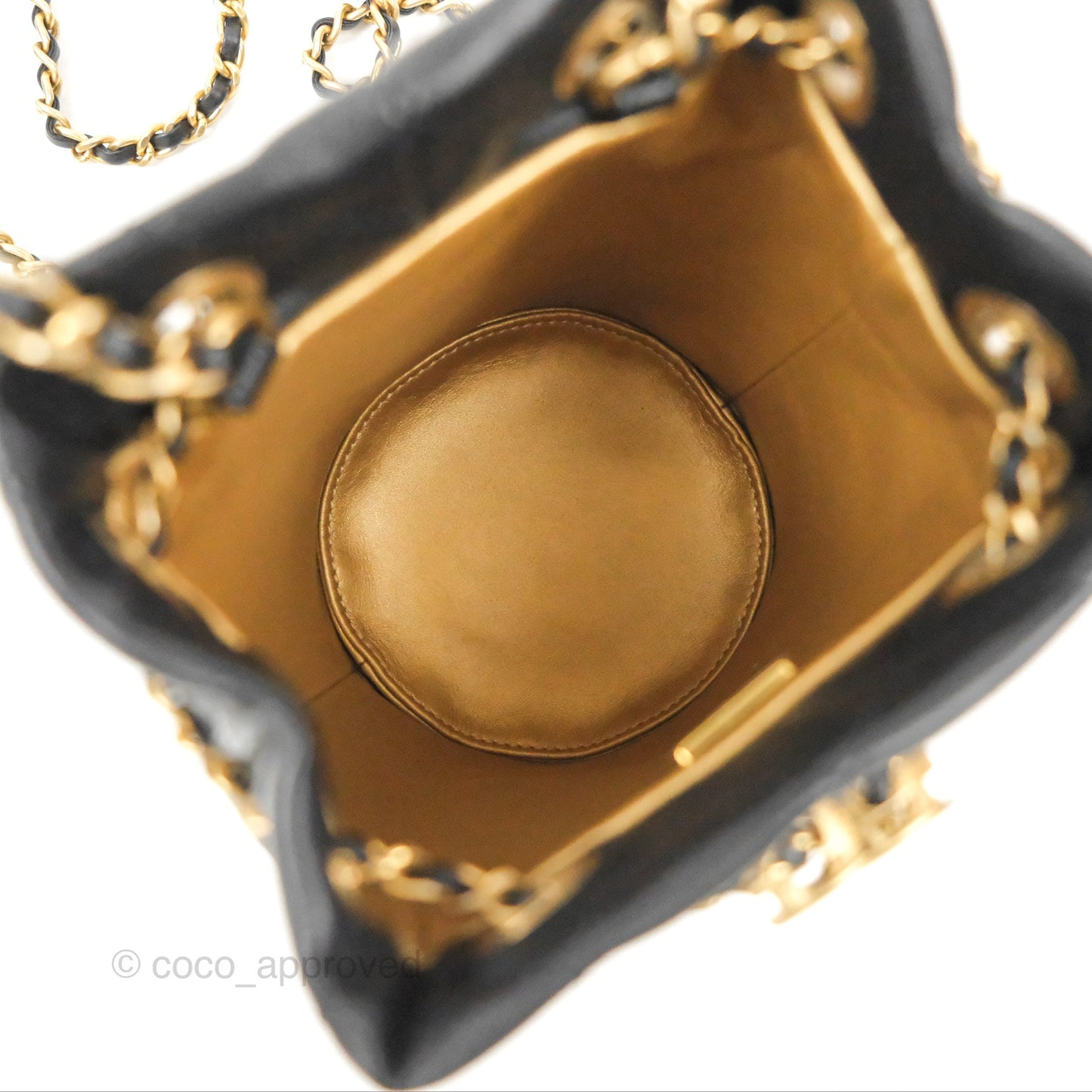 Chanel Pearl Crush Bucket Bag Black Lambskin Aged Gold Hardware