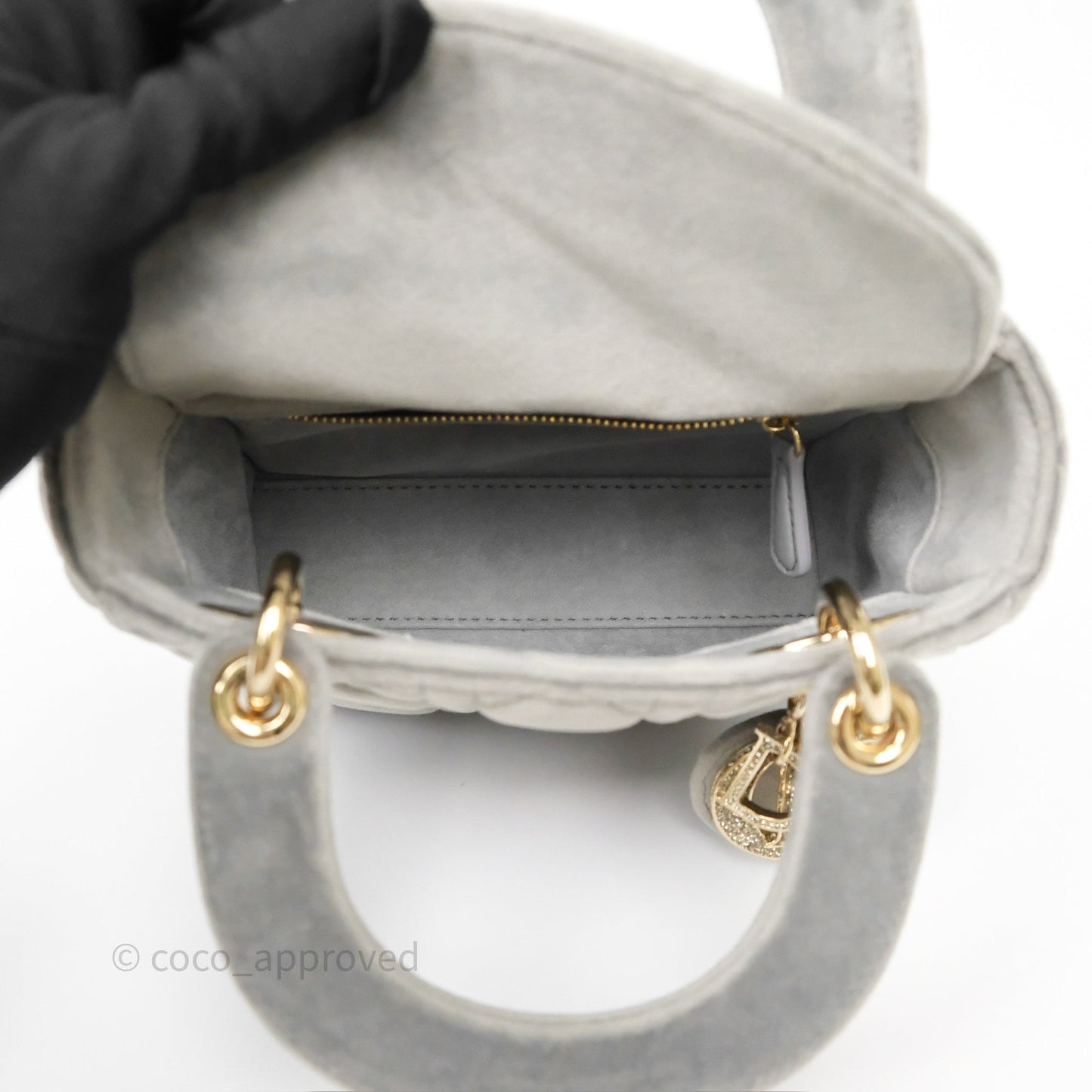 Dior Mini Lady Dior Grey Velvet Cannage Crystal Charms Gold Hardware