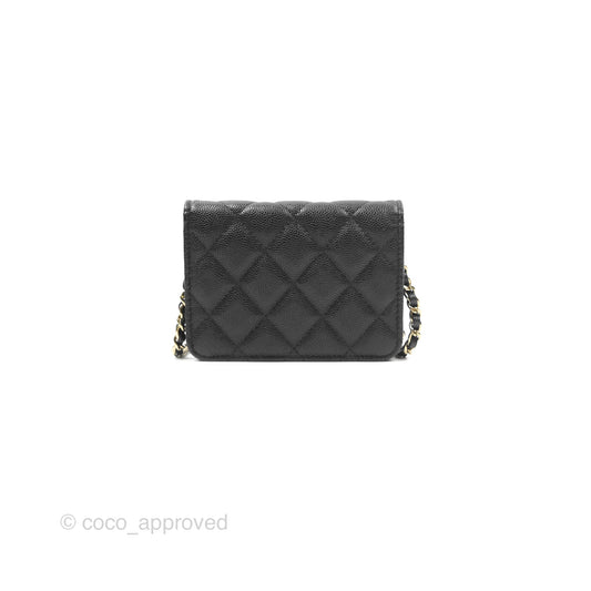 Chanel Mini Wallet Card Holder With Chain Black Caviar Gold Hardware