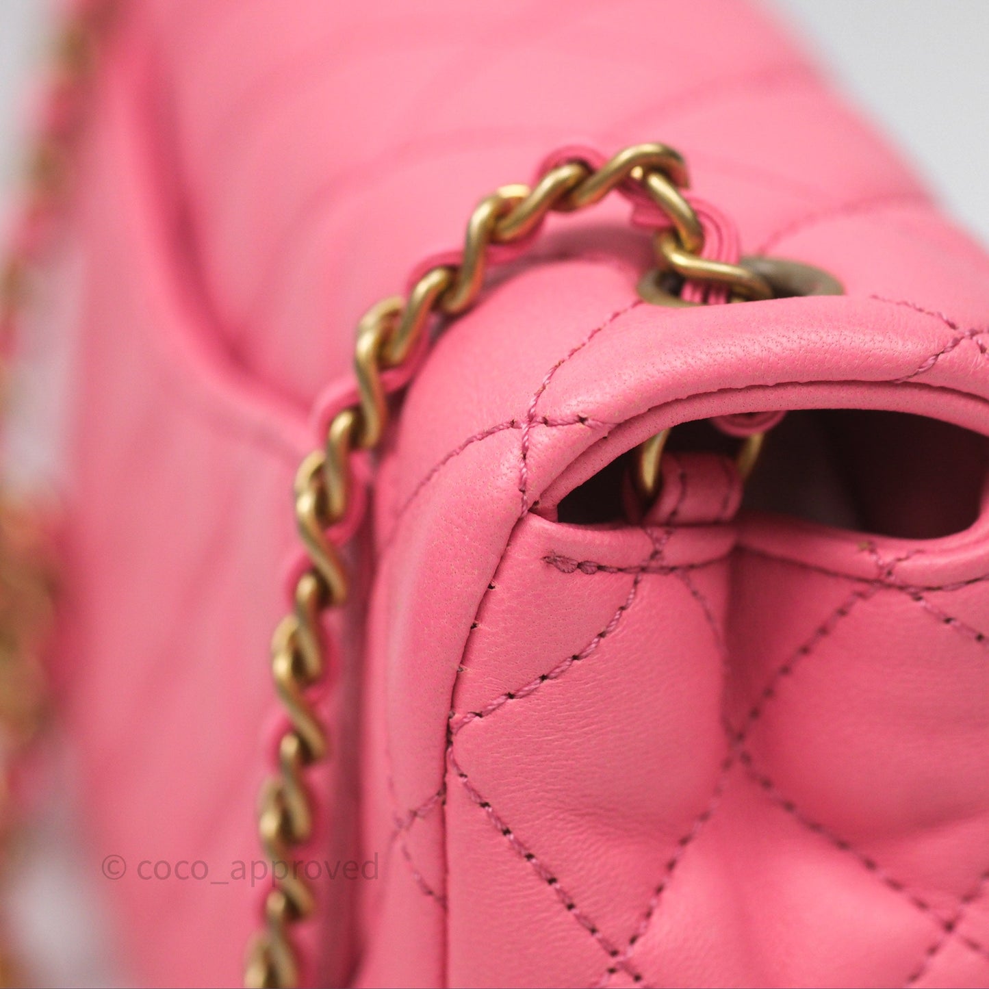 Chanel Mini Rectangular Pearl Crush Quilted Pink Lambskin Aged Gold Hardware