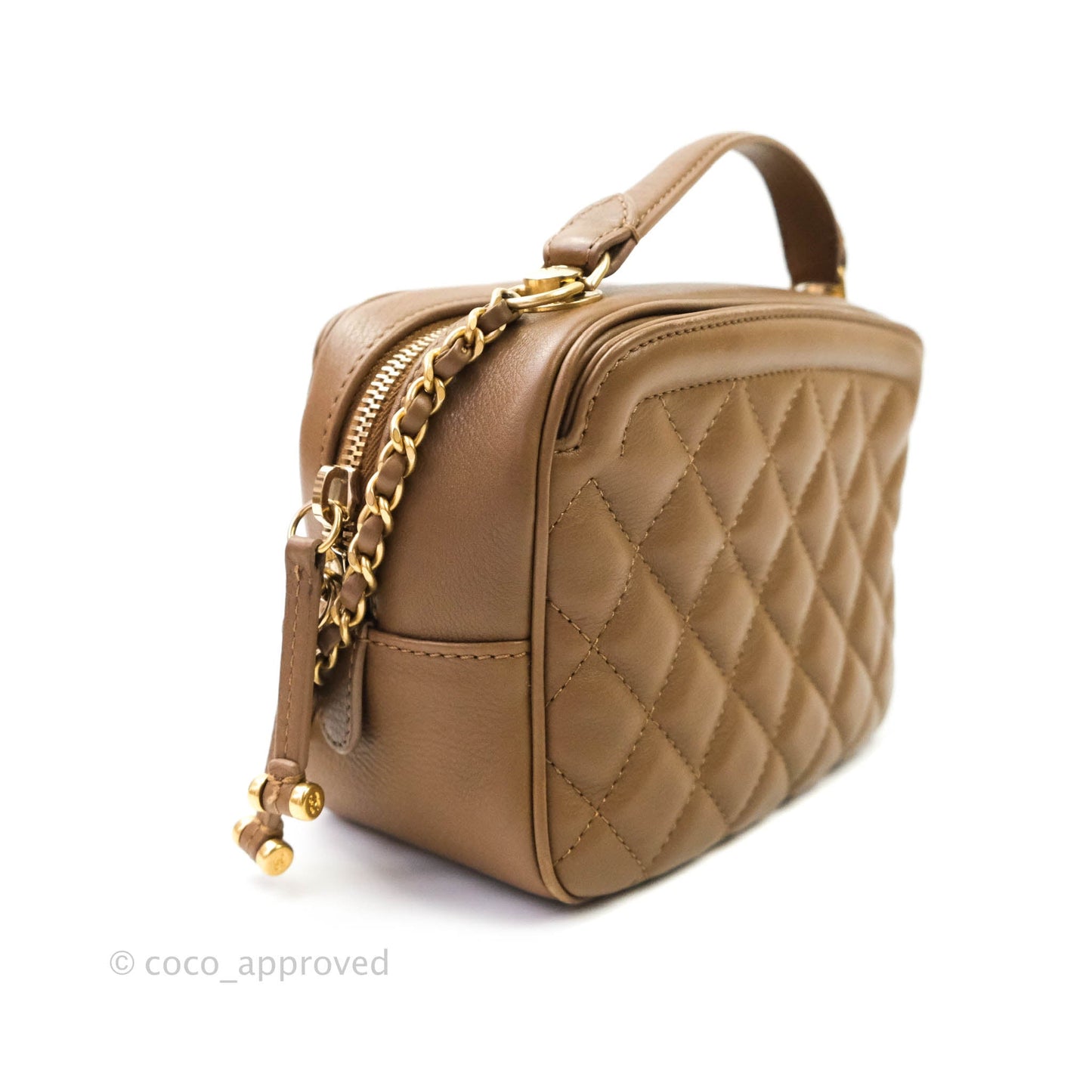 Chanel Small CC Quilted Vanity Case Brown Beige Calfskin Aged Gold Hardware
