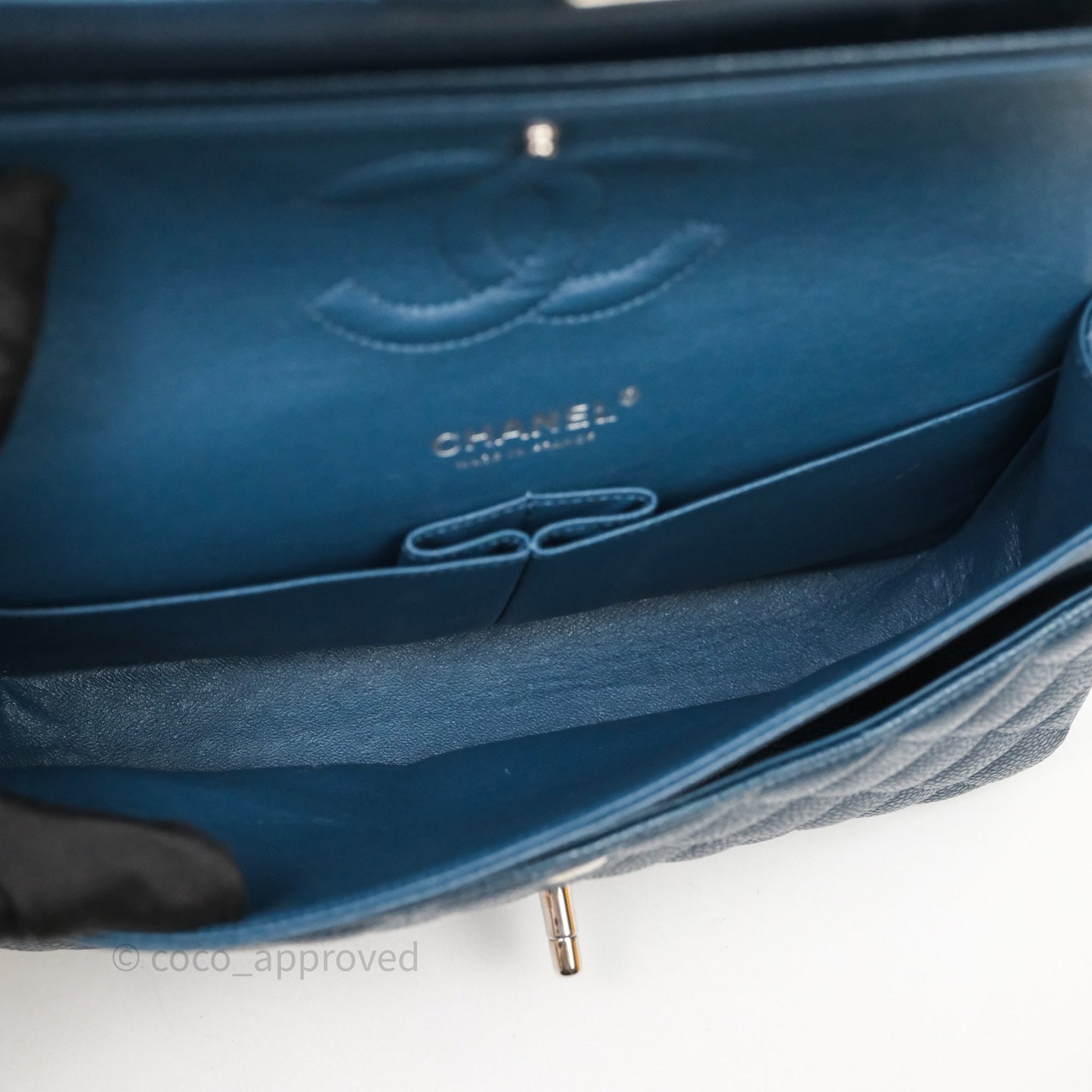 Chanel Classic Medium Flap Quilted Iridescent Teal Caviar Silver Hardware