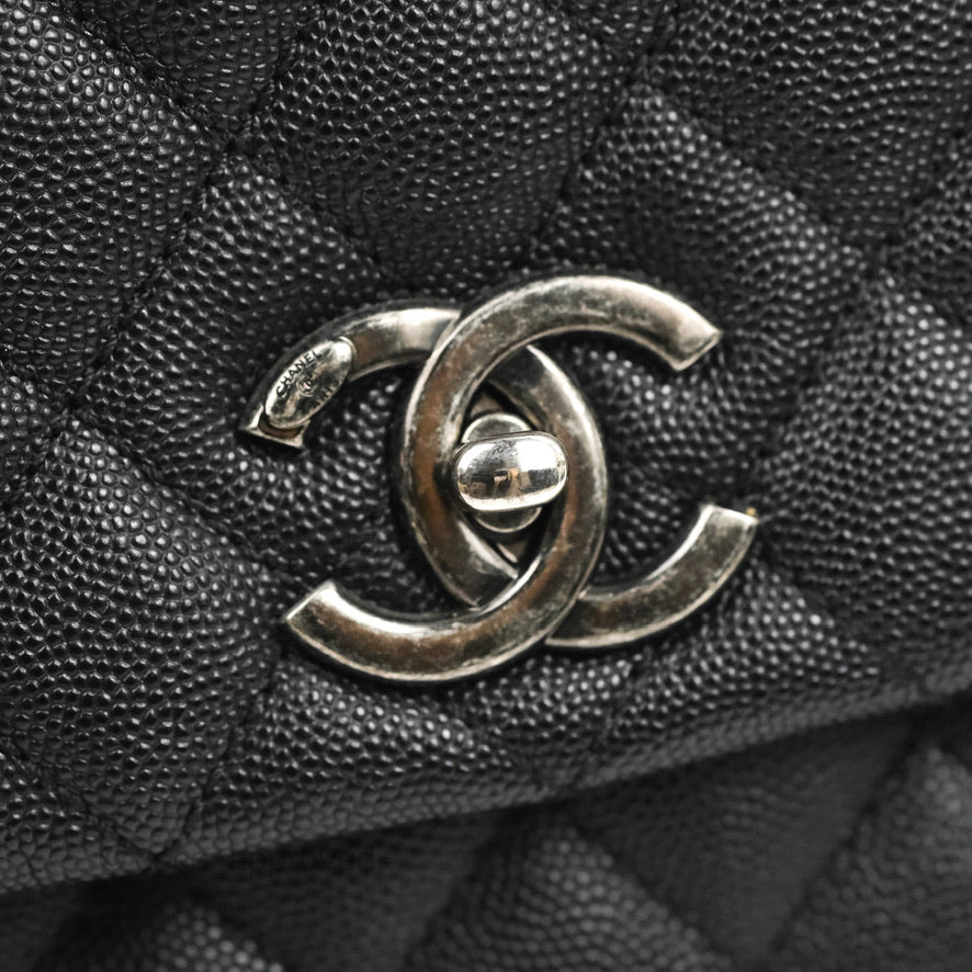 Chanel Medium Coco Handle Quilted Black Caviar Lizard Handle Ruthenium Hardware