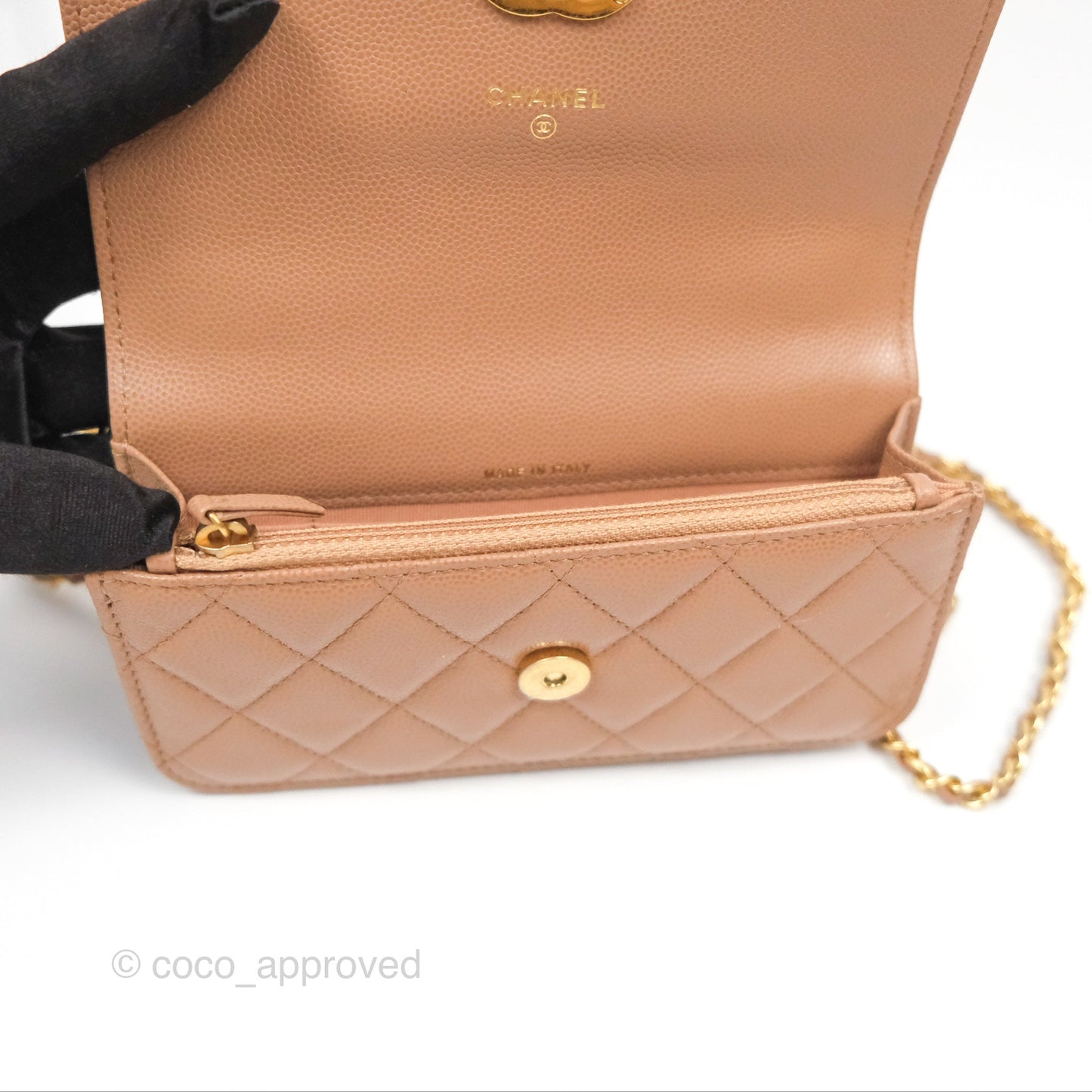 Chanel Coco First Phone Holder Dark Beige Caviar Gold Hardware 22K