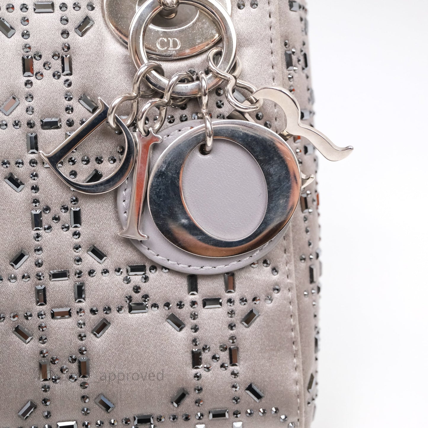 Christian Dior Mini Lady Dior Bag Grey Strass Cannage Satin Silver Hardware