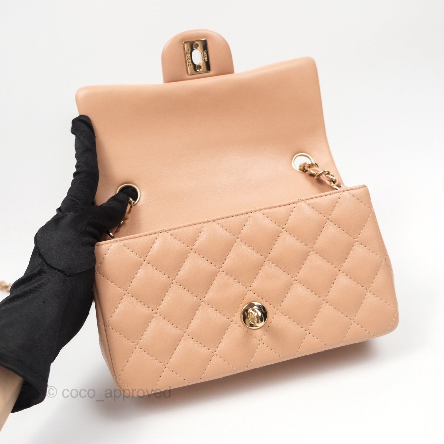Chanel Quilted Mini Rectangular Flap Beige Lambskin Gold Hardware