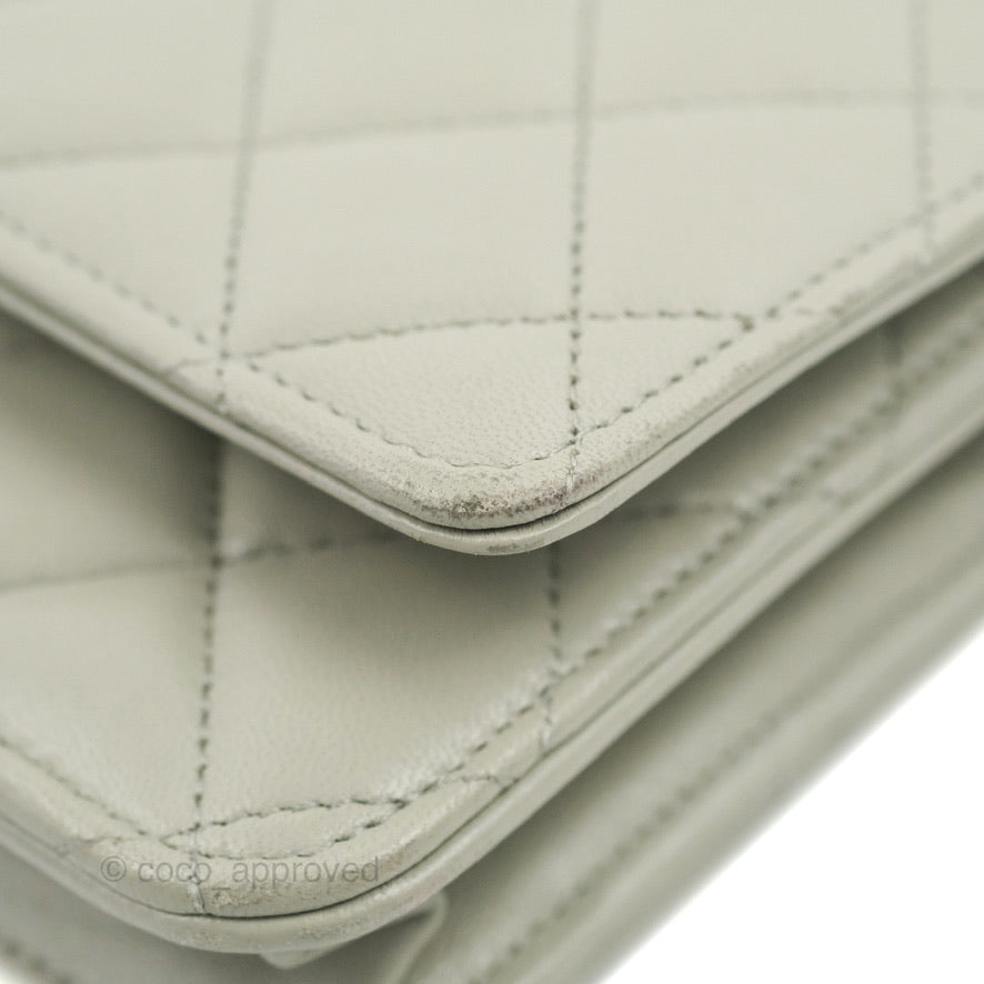 Chanel Quilted Classic Wallet on Chain WOC Light Grey Lambskin Gold Hardware