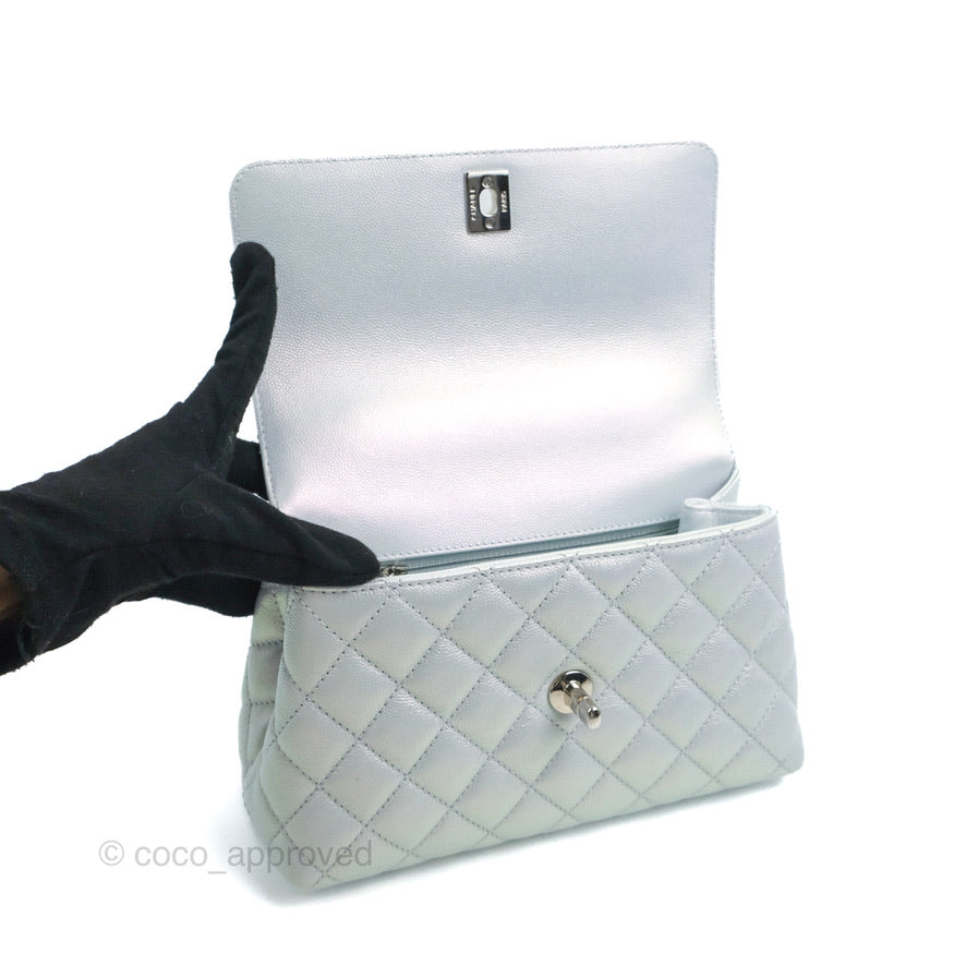 Chanel Small Coco Handle Quilted Iridescent Light Blue Caviar Rainbow Hardware