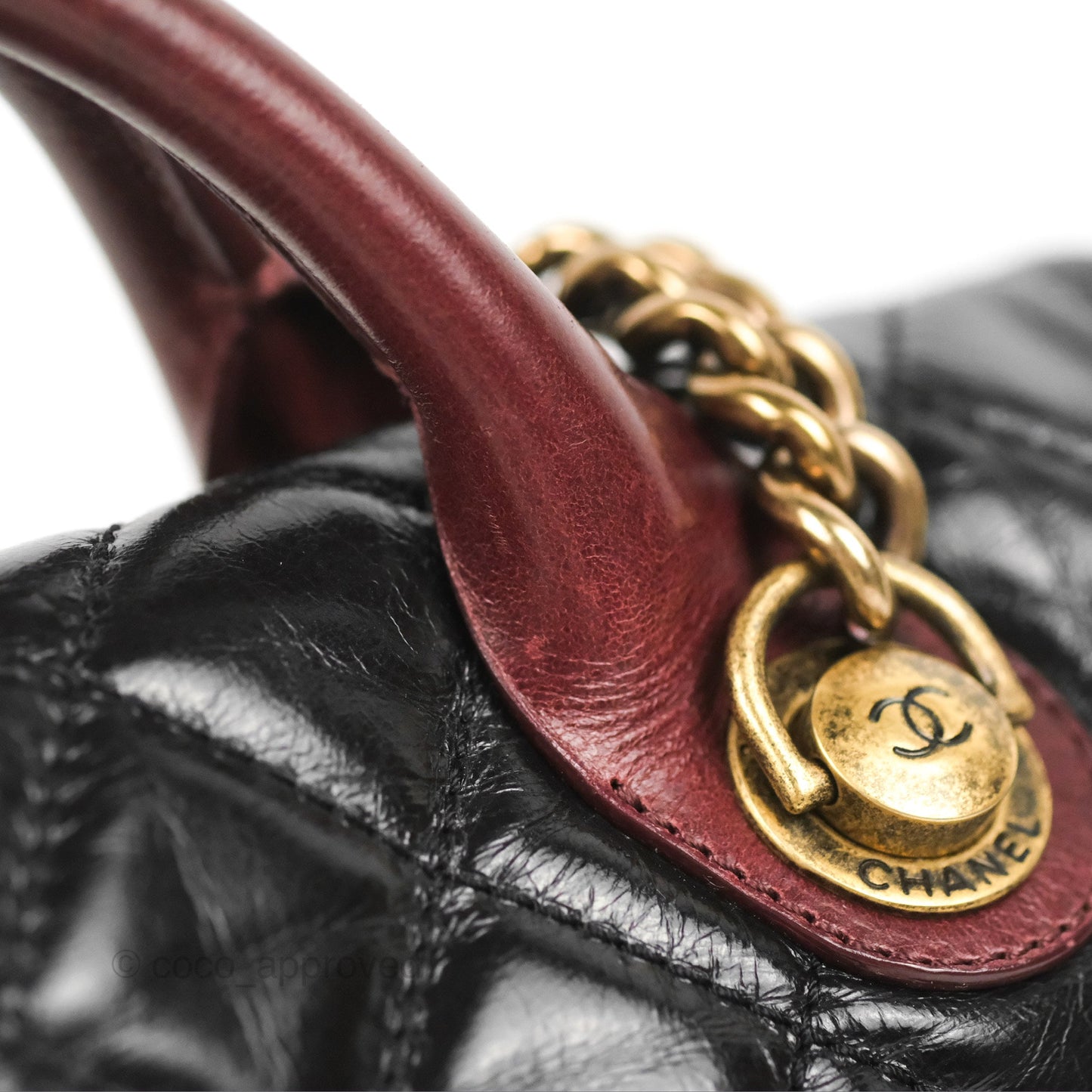 Chanel Large Castle Rock Flap Bag Black Glazed Aged Calfskin Burgundy Handle