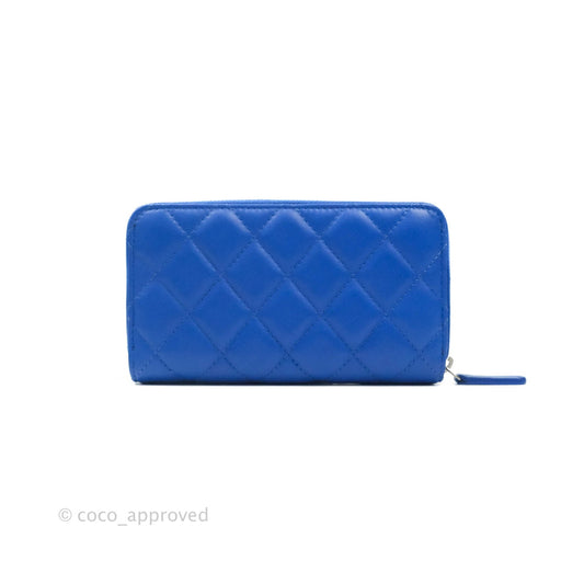 Chanel Classic Quilted Medium Zip Wallet Blue Lambskin Silver Hardware