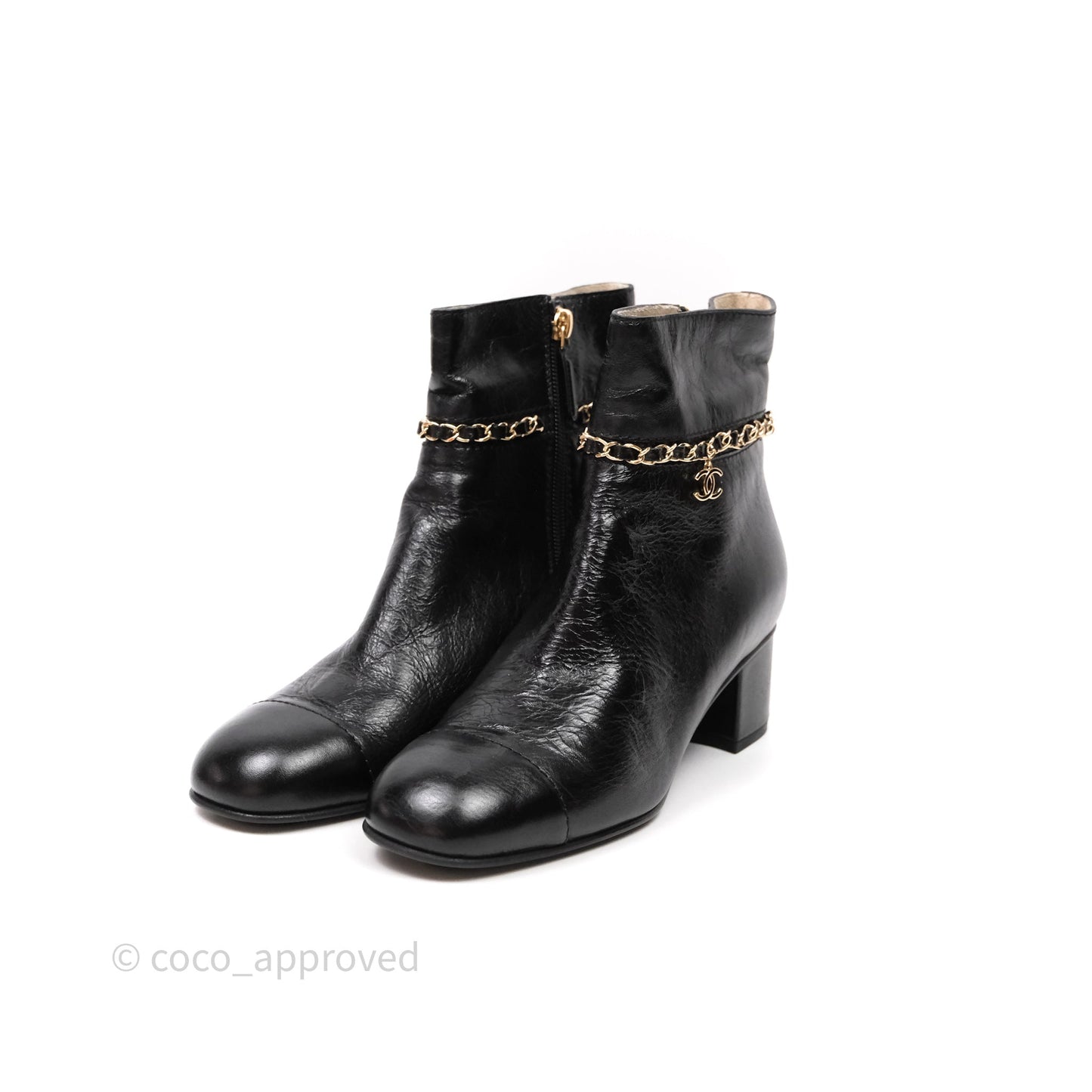 Chanel CC Black Leather Chain Ankle Boots Size 39