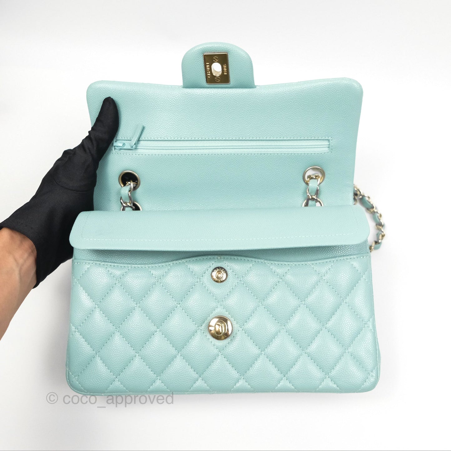 Chanel Small Classic Quilted Flap Tiffany Green Caviar Gold Hardware