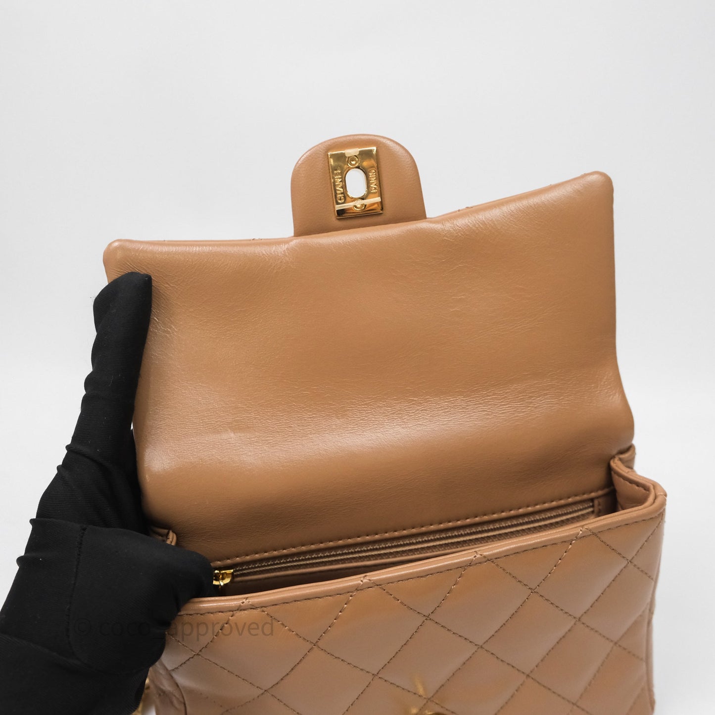 Chanel Top Handle Flap Bag Beige Lambskin Gold Hardware