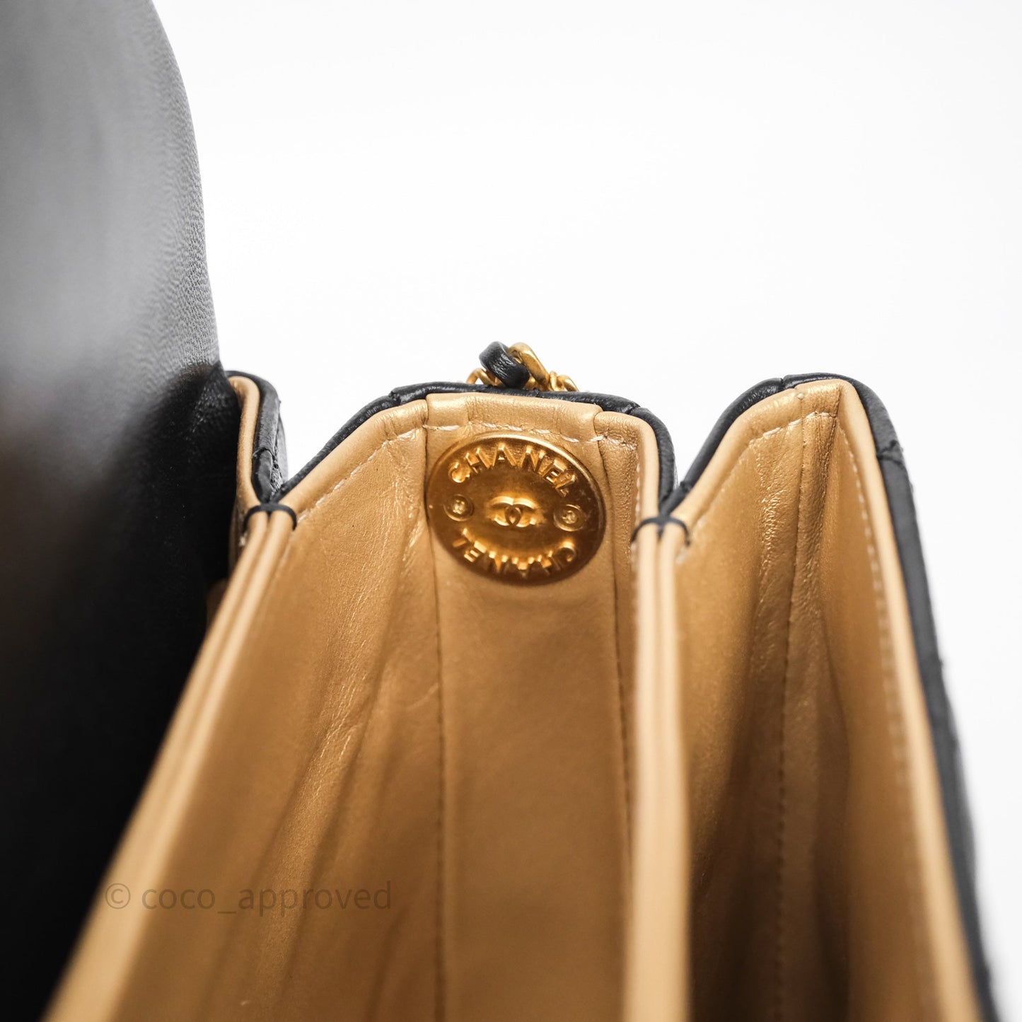 Chanel Quilted Accordion Flap Bag with Button on Chain Black Lambskin Aged Gold Hardware 22A