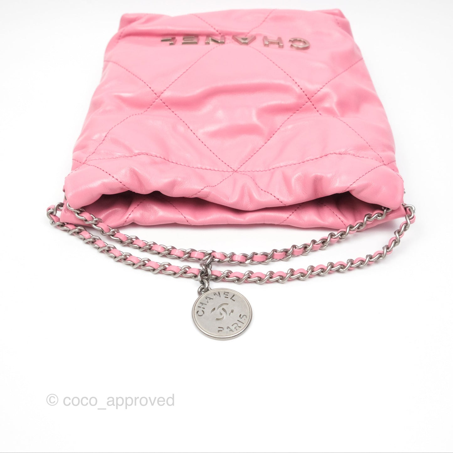 Chanel 22 Mini Bag Pink Crumpled Calfskin Aged Silver Hardware