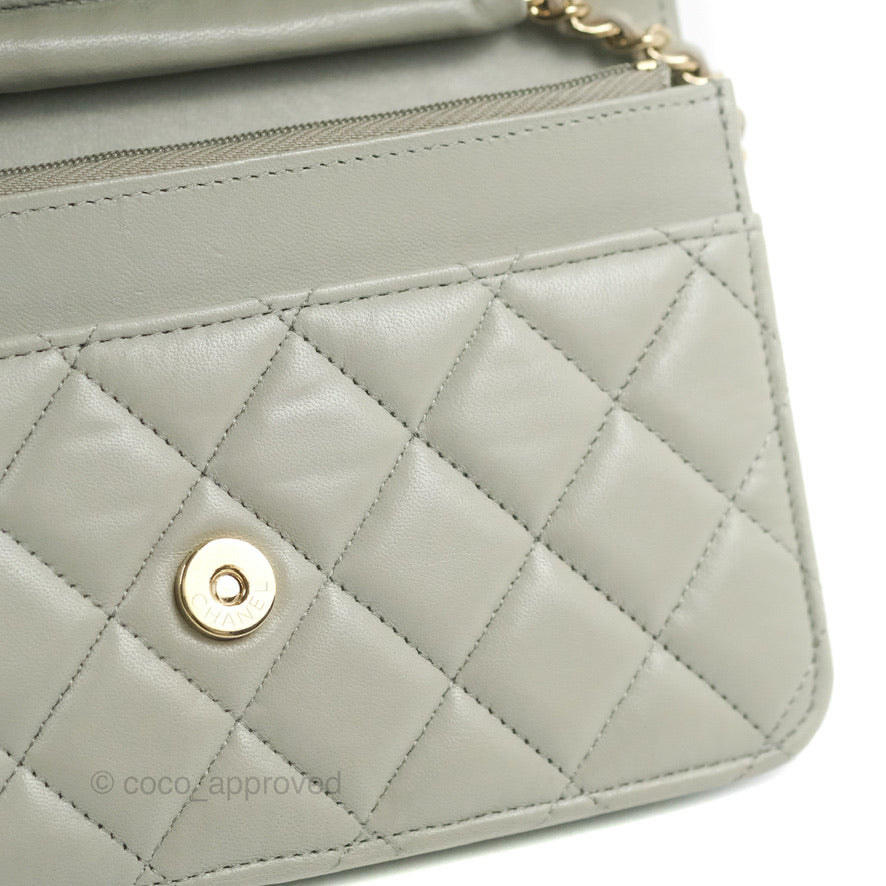 Chanel Quilted Classic Wallet on Chain WOC Light Grey Lambskin Gold Hardware