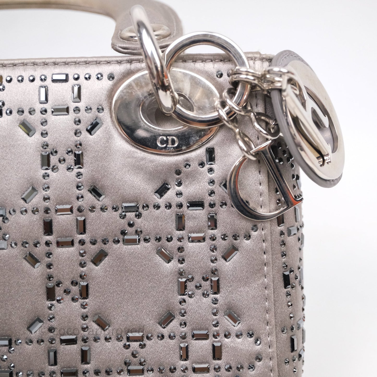 Christian Dior Mini Lady Dior Bag Grey Strass Cannage Satin Silver Hardware