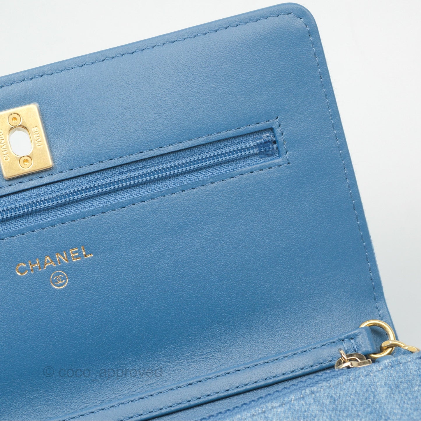 Chanel Quilted Pearl Crush Wallet on Chain WOC Denim Aged Gold Hardware