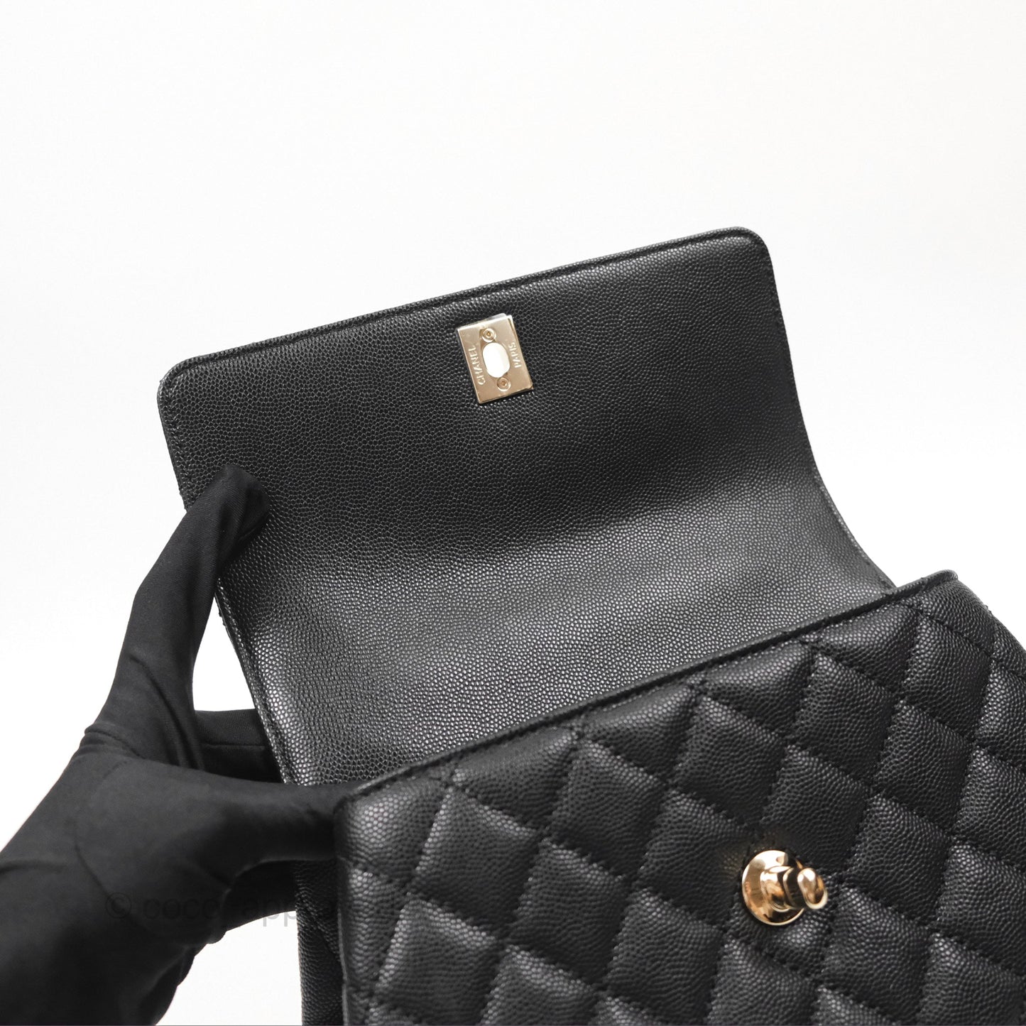 Chanel Small Coco Handle Quilted Black Caviar Gold Hardware Embossed Lizard Handle