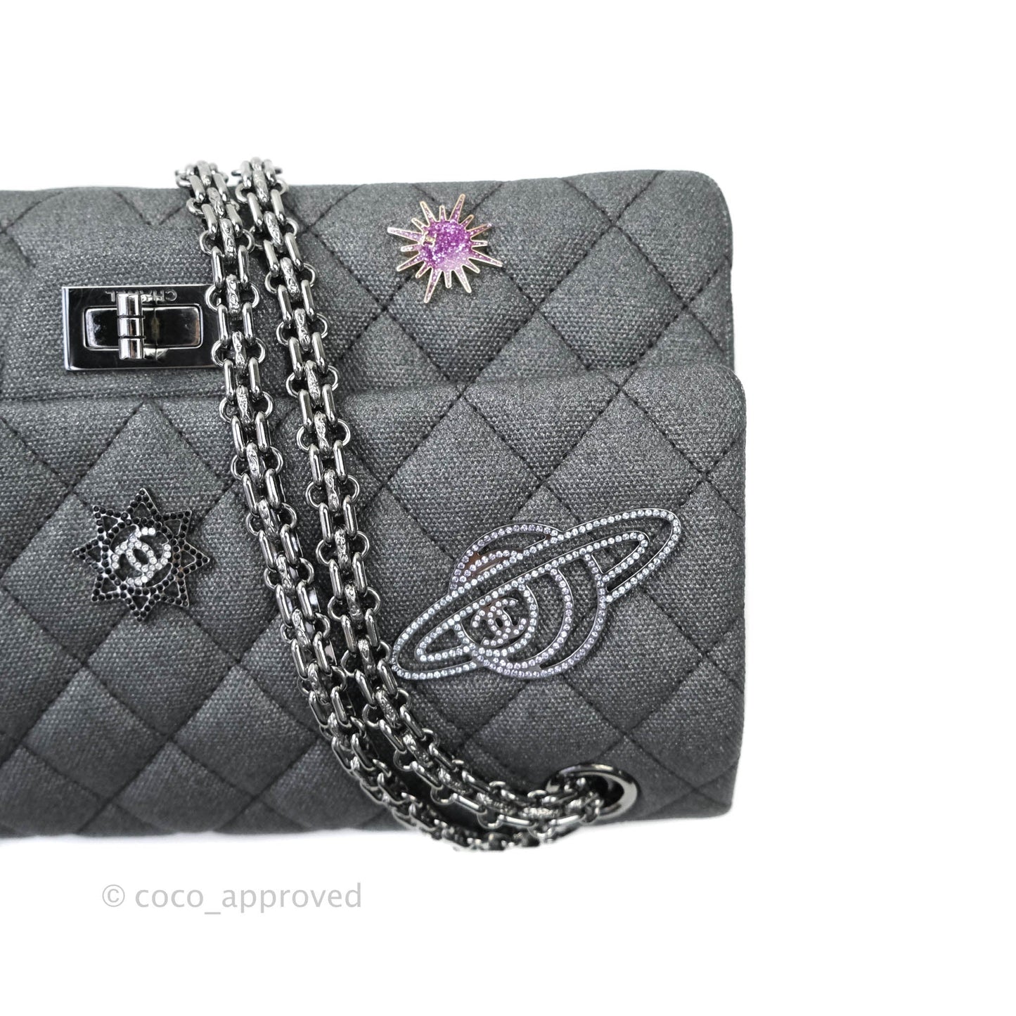 Chanel 2.55 Reissue Lucky Charms 225 Flap Iridescent Metallic Grey Canvas Gun Metal
