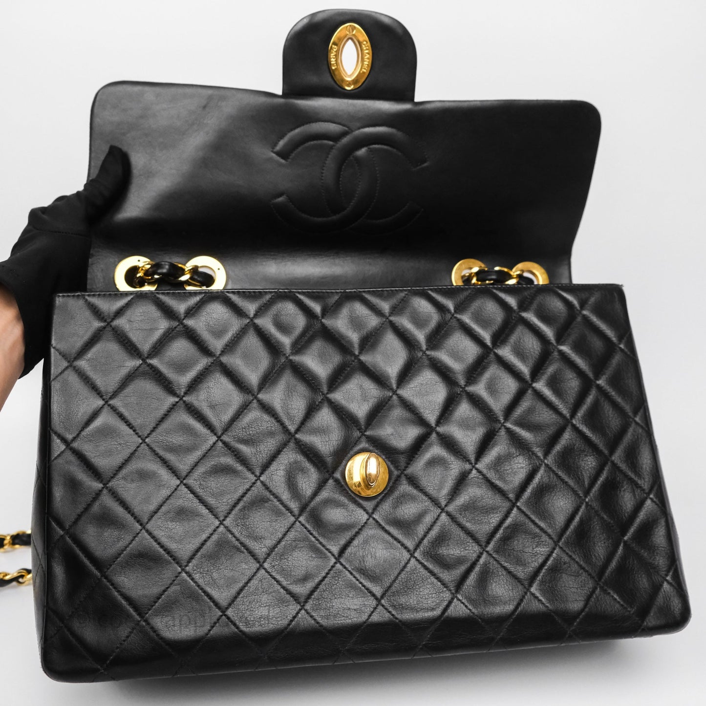 Chanel Vintage XL Jumbo Single Flap Black Lambskin 24K Gold Hardware